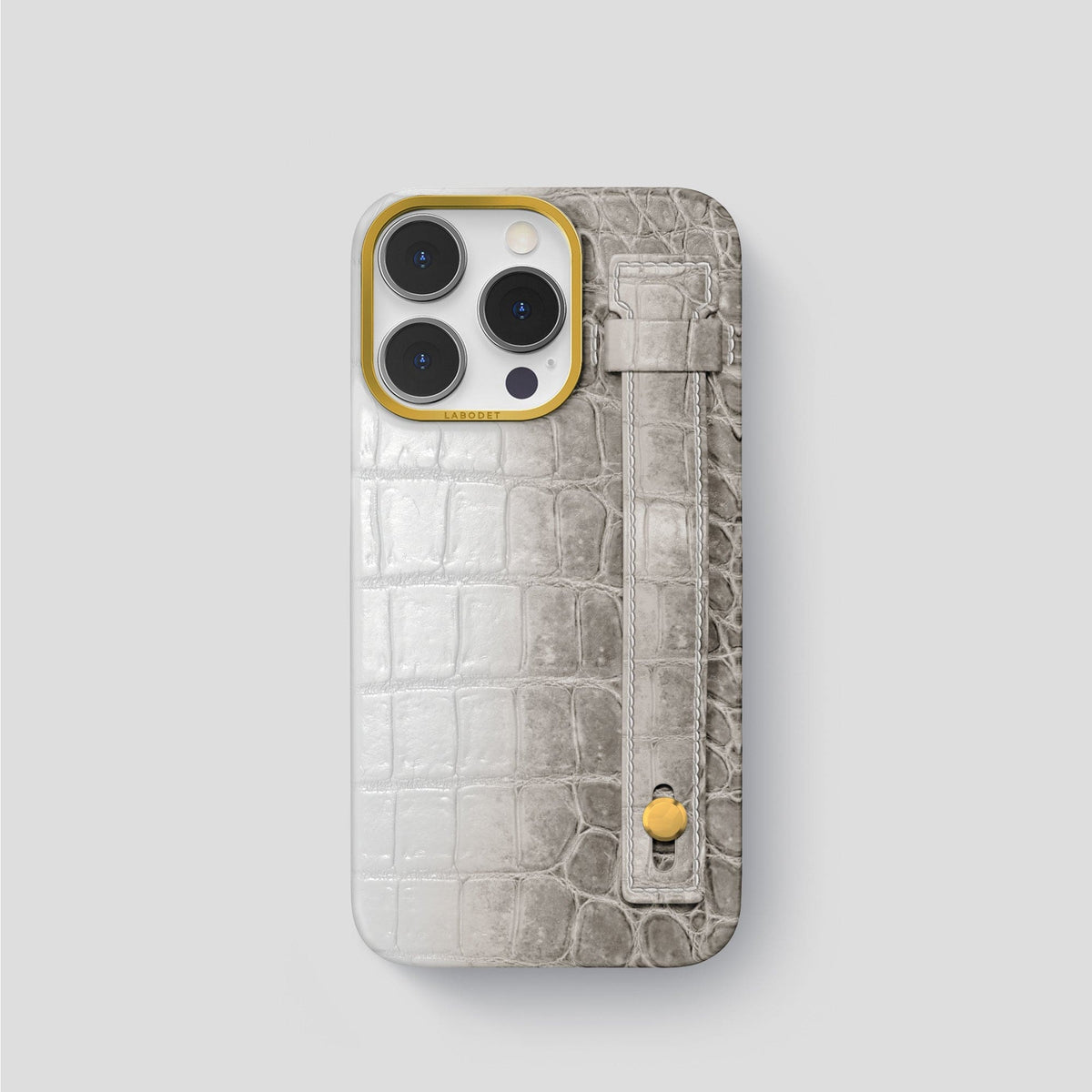 Grey iPhone 15 Pro Hand Strap Case Himalayan Crocodile with Gold Metal -1 | Grey-Gold