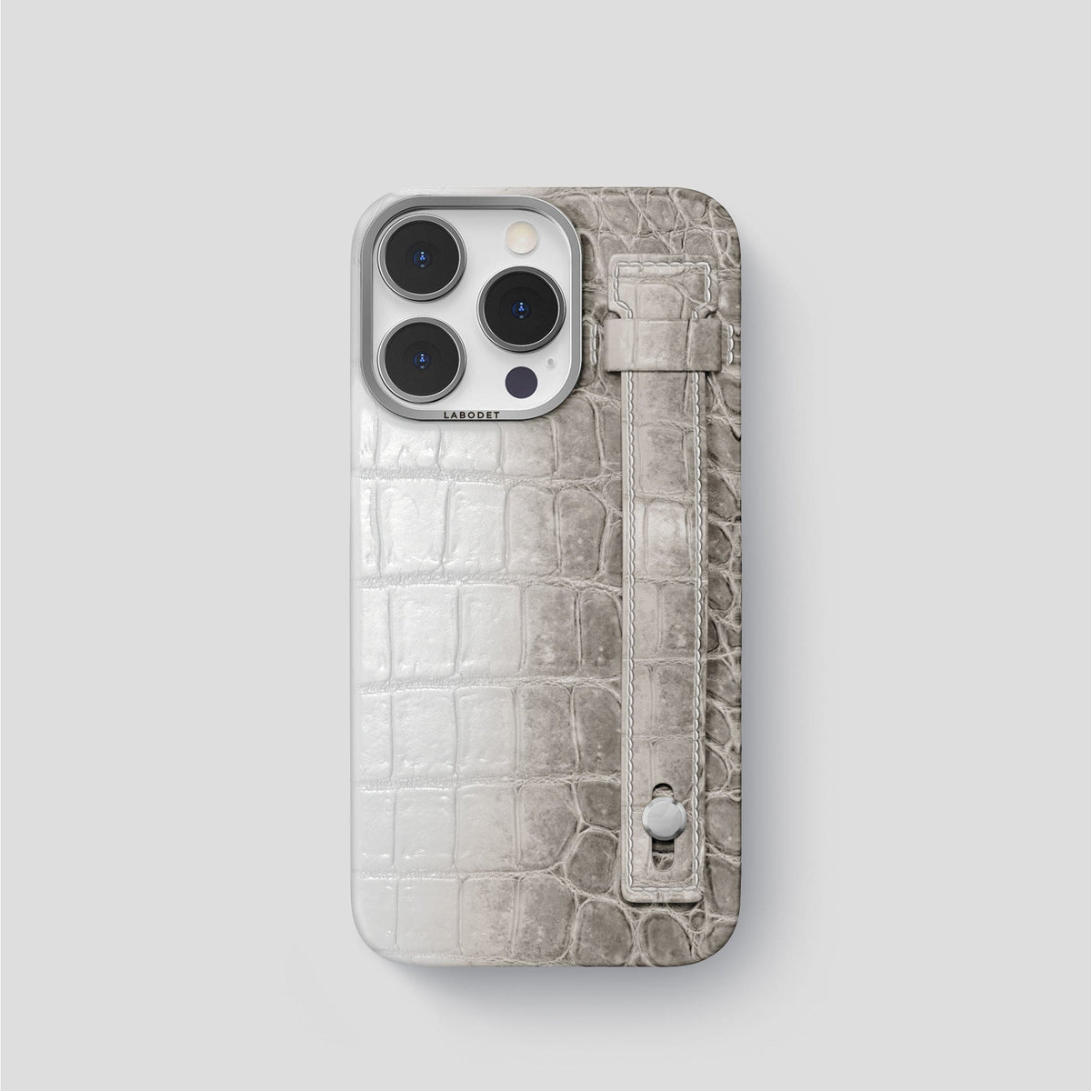 Grey iPhone 15 Pro Hand Strap Case Himalayan Crocodile with Steel Metal -1 | Grey-Steel