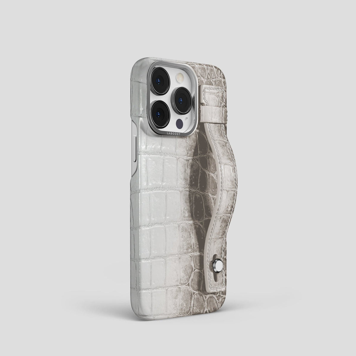 Grey iPhone 15 Pro Hand Strap Case Himalayan Crocodile with Steel Metal -2 | Grey-Steel