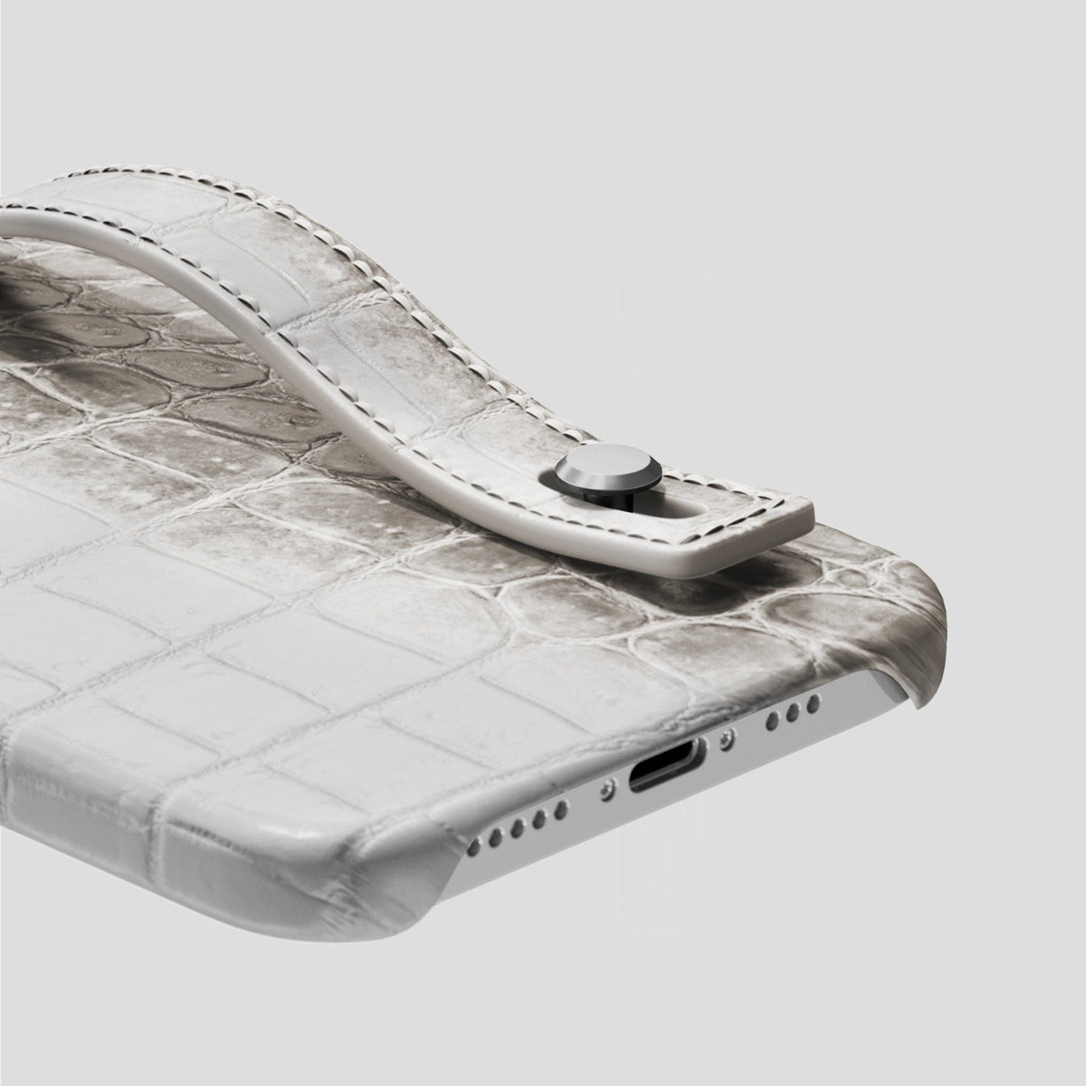 Grey iPhone 15 Pro Hand Strap Case Himalayan Crocodile with Steel Metal -5 | Grey-Steel