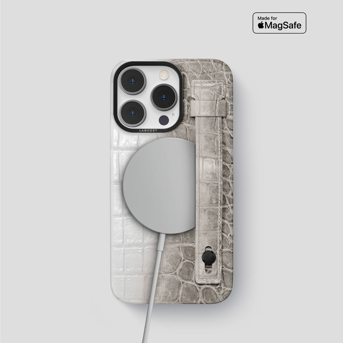 Grey iPhone 15 Pro Hand Strap Case Himalayan Crocodile with Black Metal -4 | Grey-Black