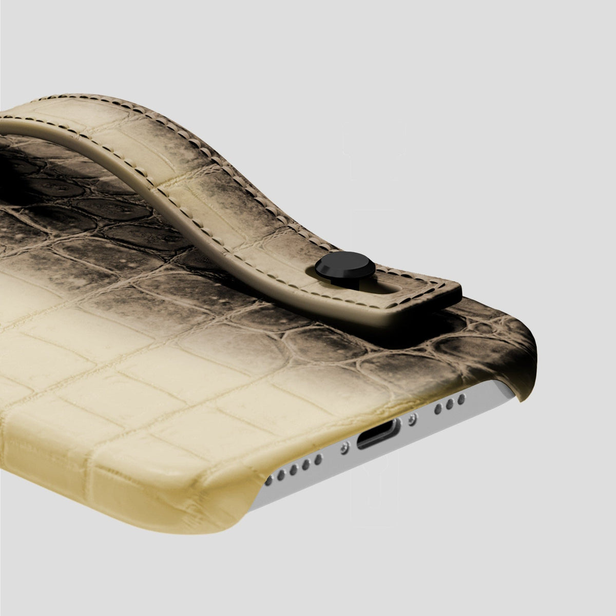Natural iPhone 15 Pro Hand Strap Case Himalayan Crocodile with Black Metal -5 | Natural-Black