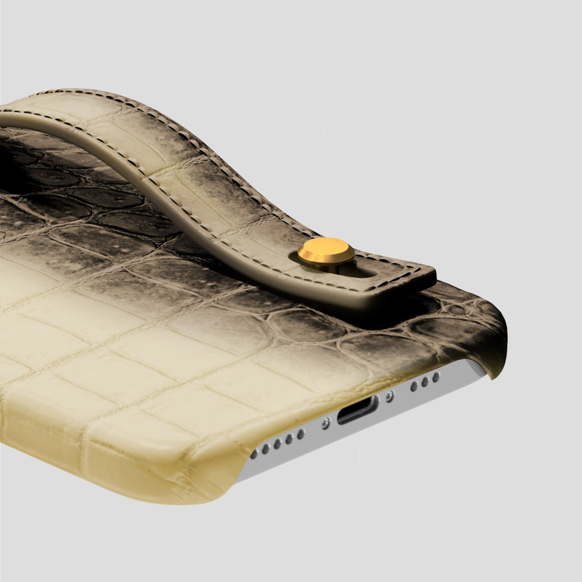 Natural iPhone 15 Pro Hand Strap Case Himalayan Crocodile with Gold Metal -5 | Natural-Gold