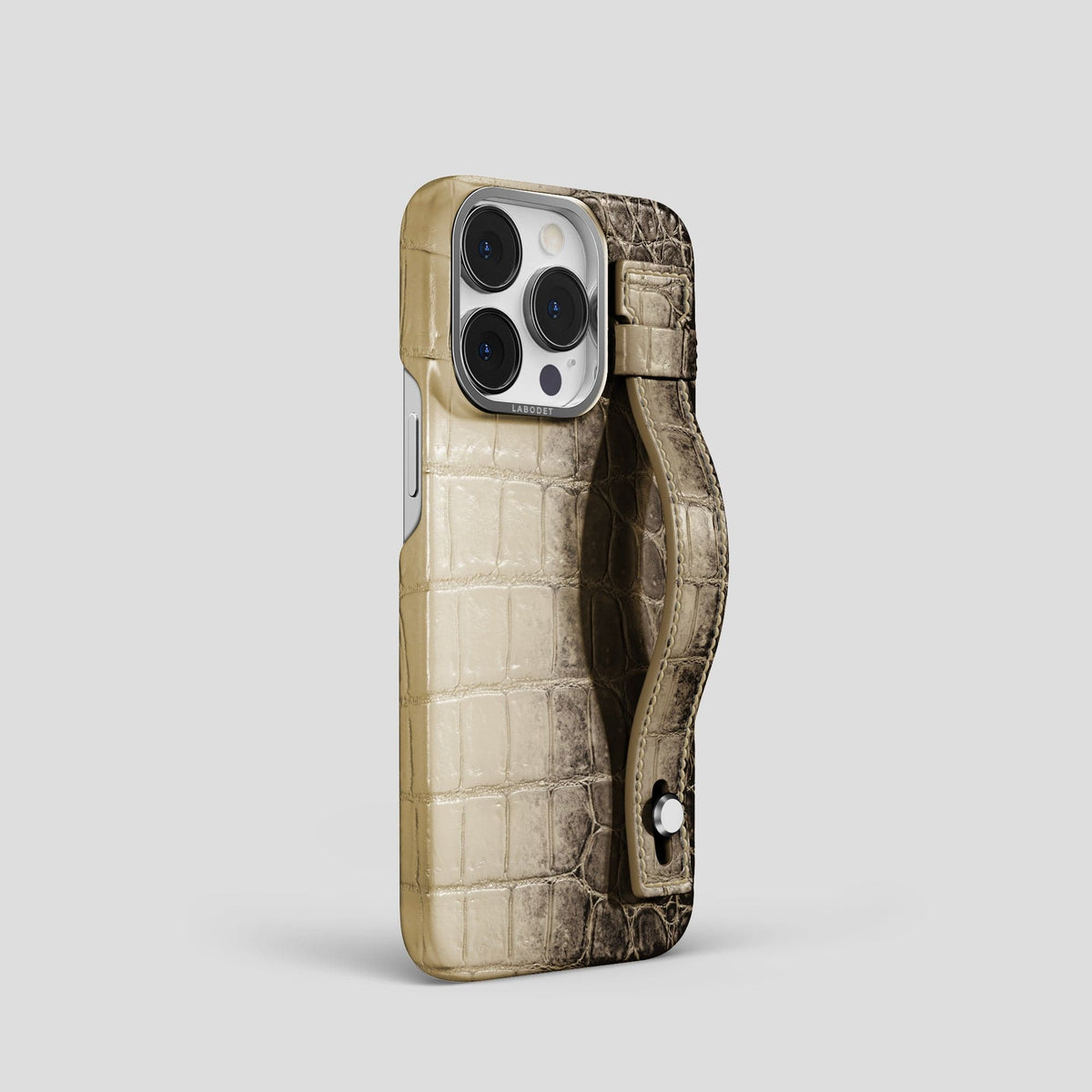 Natural iPhone 15 Pro Hand Strap Case Himalayan Crocodile with Steel Metal -2 | Natural-Steel