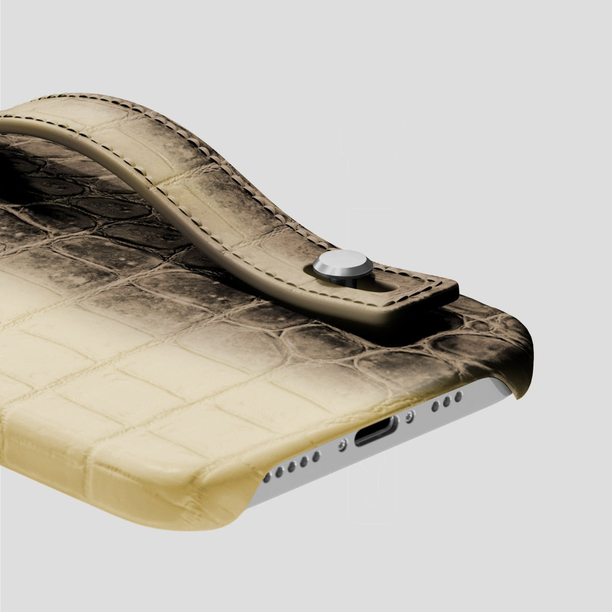 Natural iPhone 15 Pro Hand Strap Case Himalayan Crocodile with Steel Metal -5 | Natural-Steel