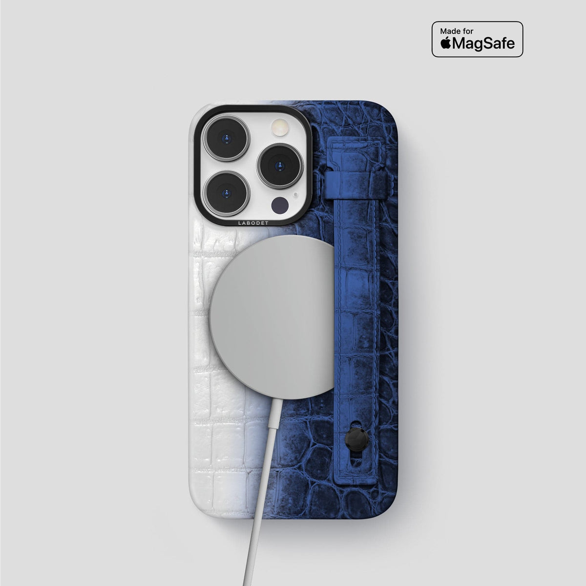 Navy Blue iPhone 15 Pro Hand Strap Case Himalayan Crocodile with Black Metal -4 | Navy-Blue-Black