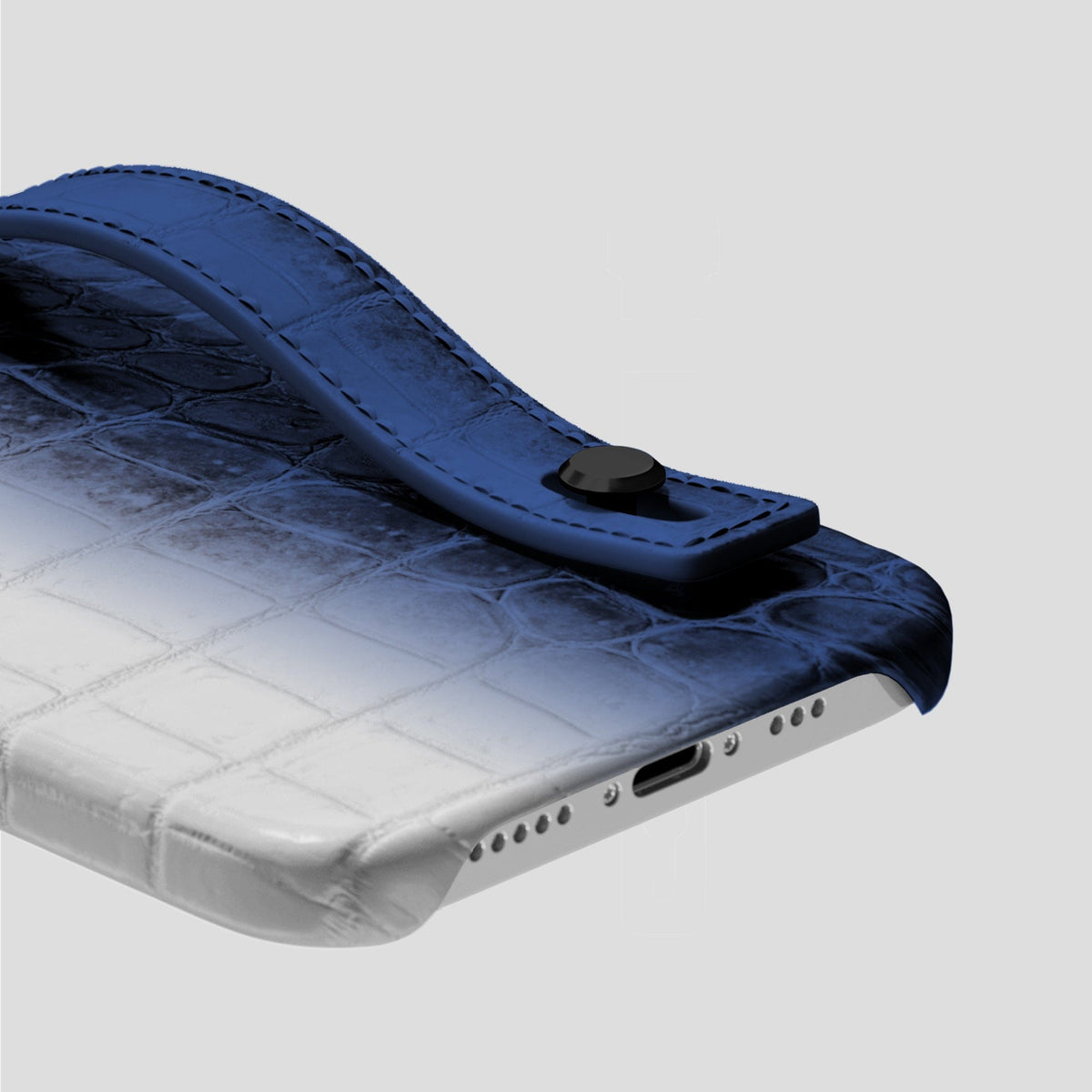 Navy Blue iPhone 15 Pro Hand Strap Case Himalayan Crocodile with Black Metal -5 | Navy-Blue-Black