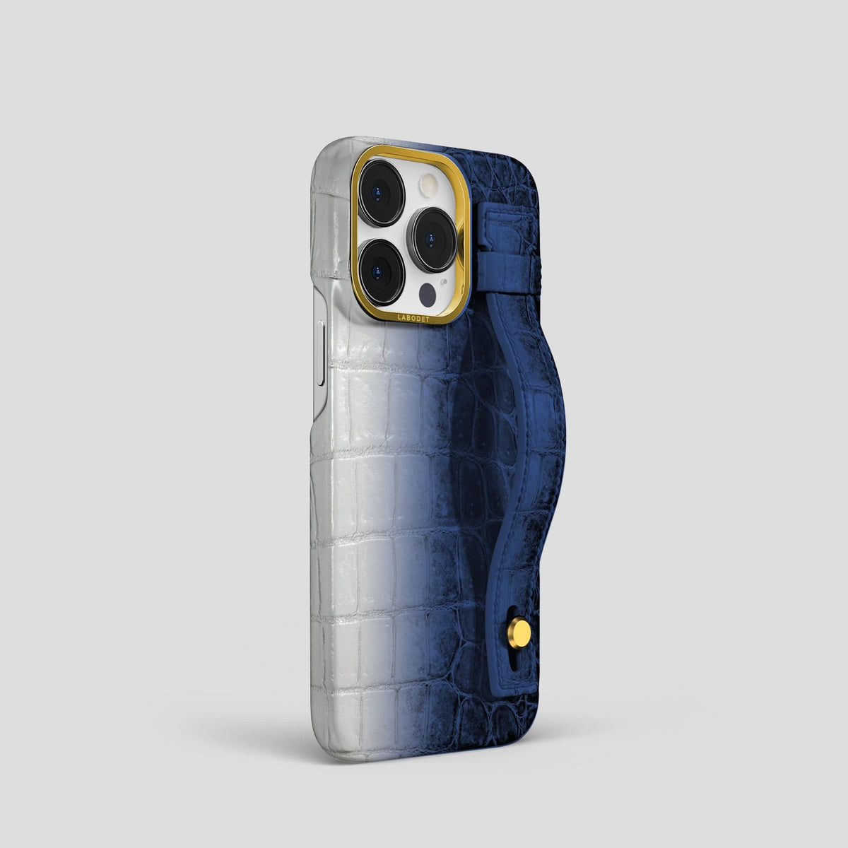 Navy Blue iPhone 15 Pro Hand Strap Case Himalayan Crocodile with Gold Metal -2 | Navy-Blue-Gold