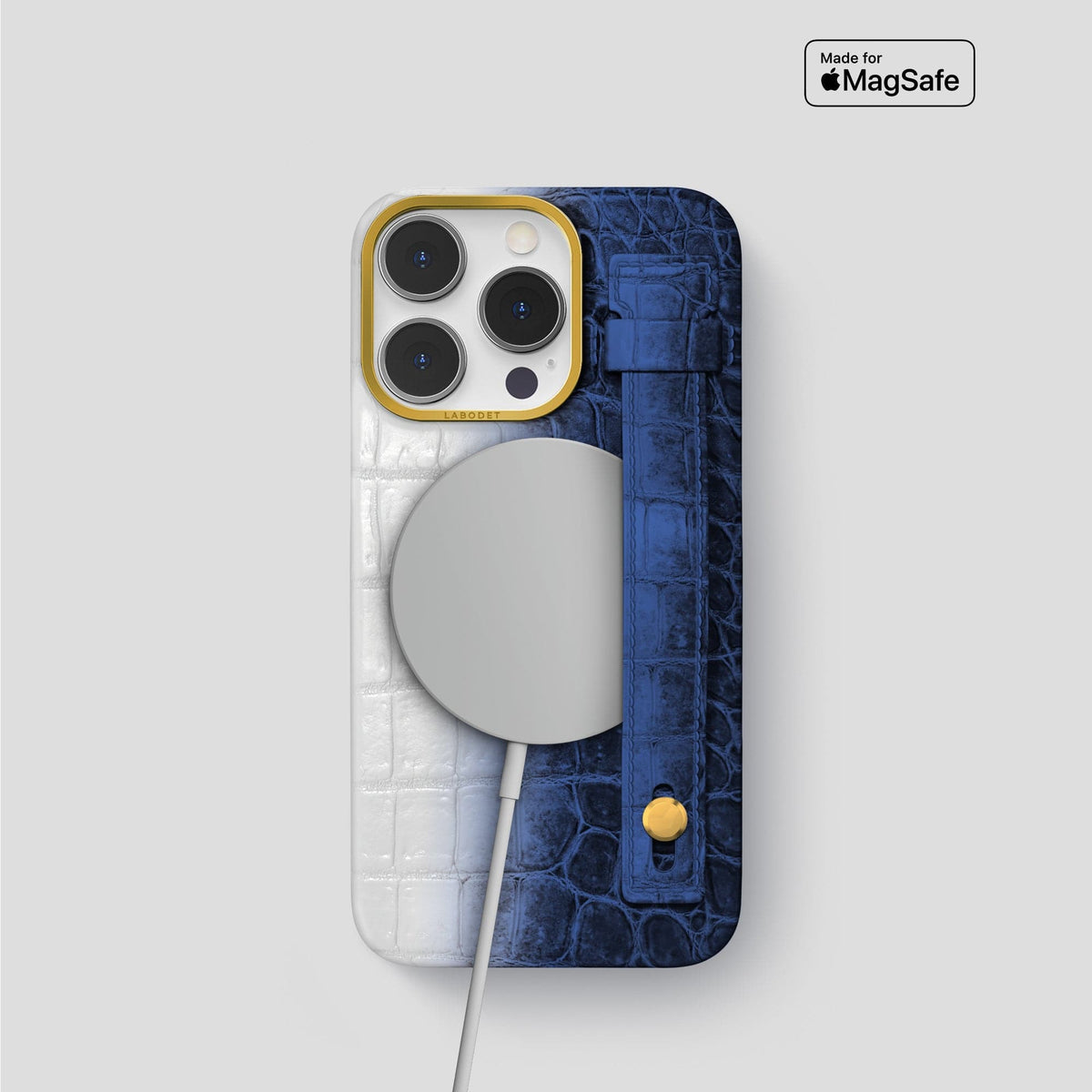 Navy Blue iPhone 15 Pro Hand Strap Case Himalayan Crocodile with Gold Metal -4 | Navy-Blue-Gold