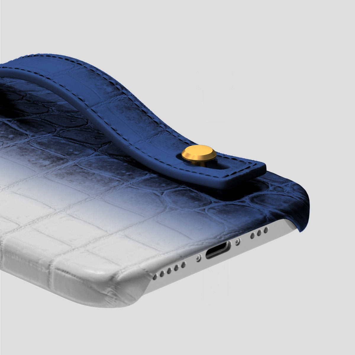 Navy Blue iPhone 15 Pro Hand Strap Case Himalayan Crocodile with Gold Metal -5 | Navy-Blue-Gold