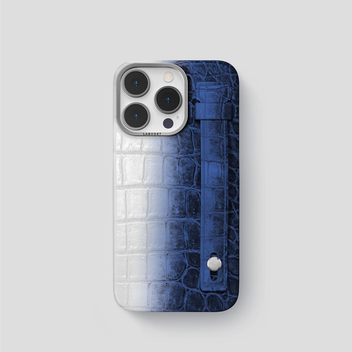 Navy Blue iPhone 15 Pro Hand Strap Case Himalayan Crocodile with Steel Metal -1 | Navy-Blue-Steel