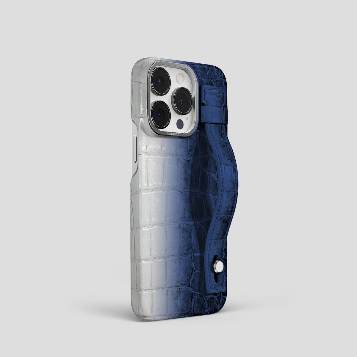 Navy Blue iPhone 15 Pro Hand Strap Case Himalayan Crocodile with Steel Metal -2 | Navy-Blue-Steel