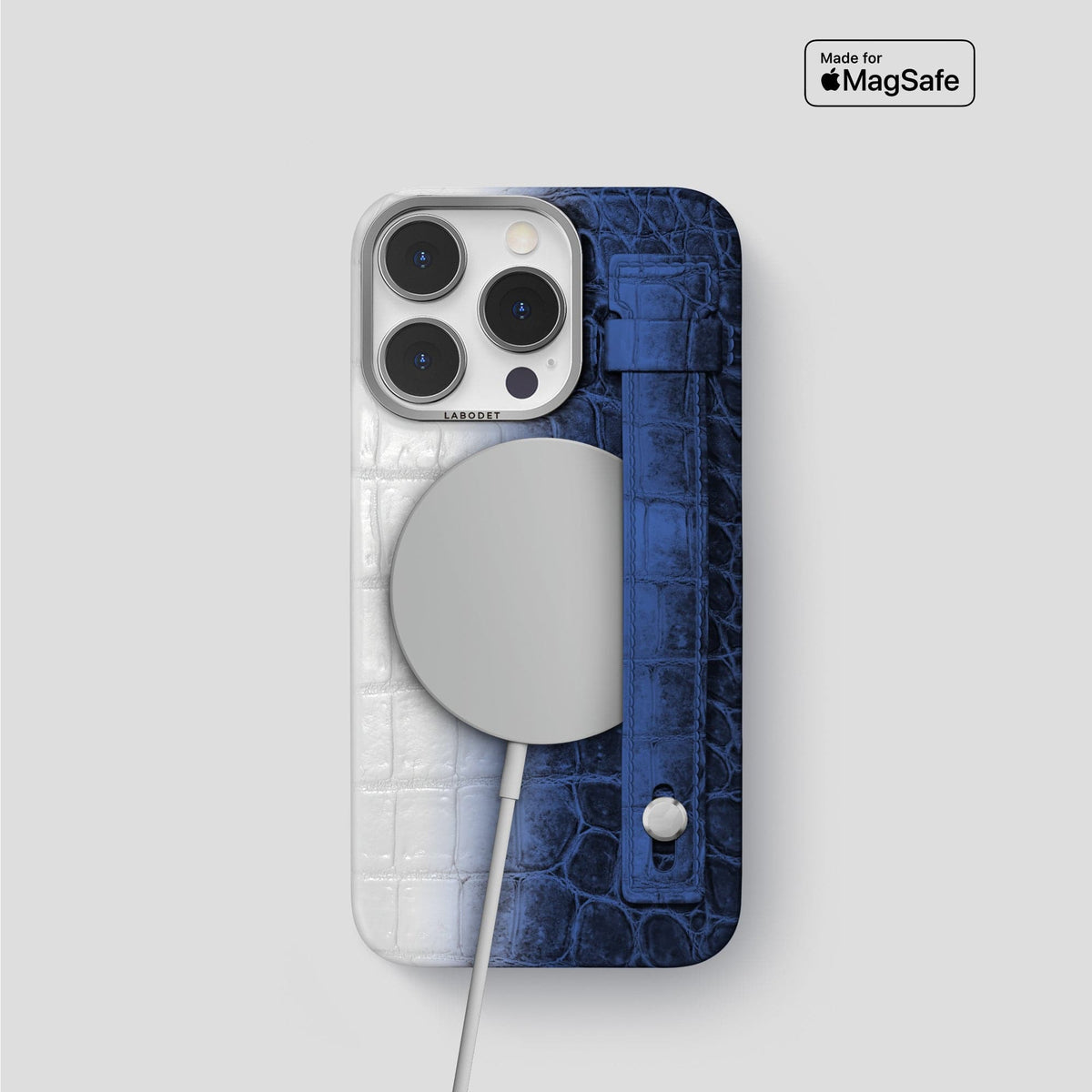 Navy Blue iPhone 15 Pro Hand Strap Case Himalayan Crocodile with Steel Metal -4 | Navy-Blue-Steel