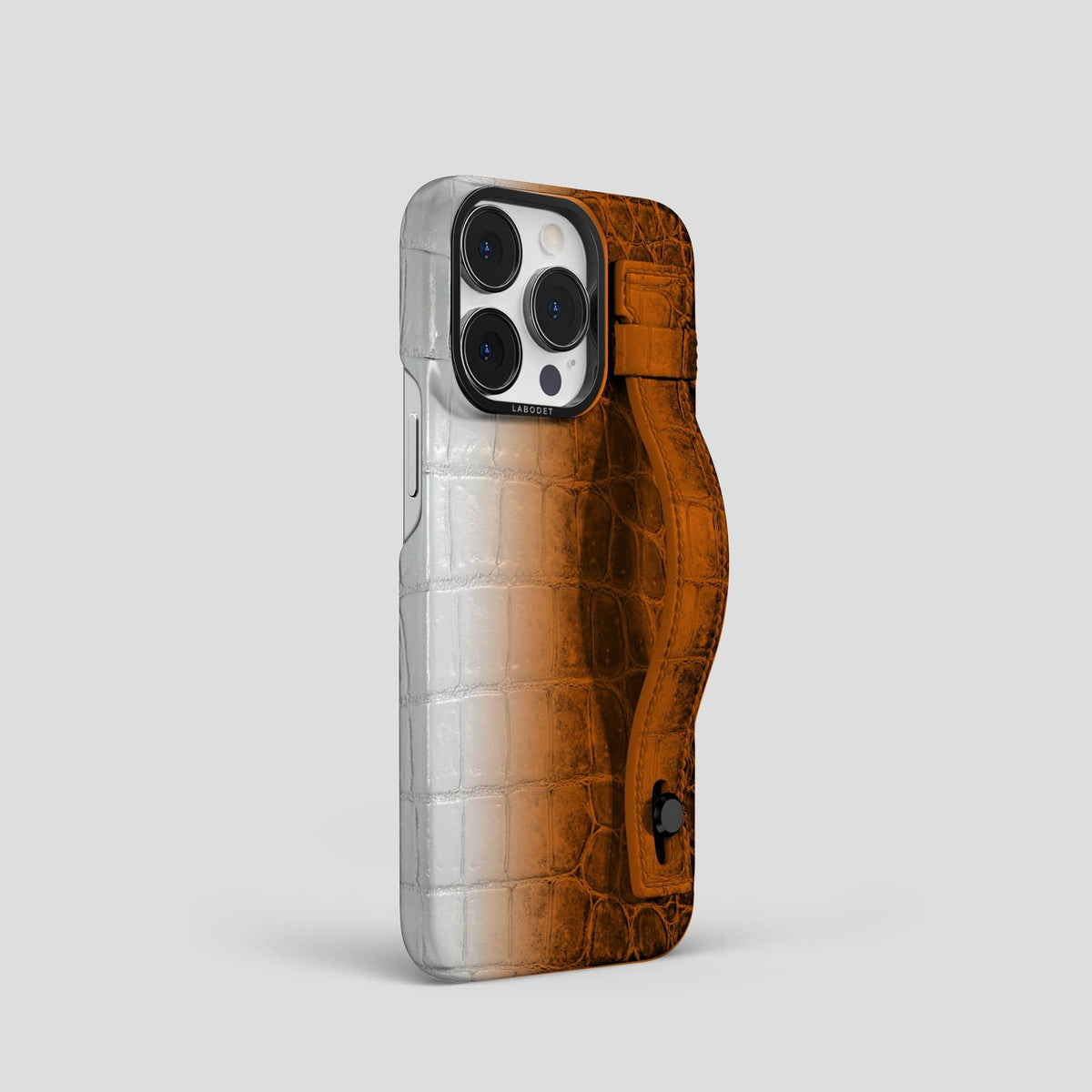 Orange iPhone 15 Pro Hand Strap Case Himalayan Crocodile with Black Metal -2 | Orange-Black