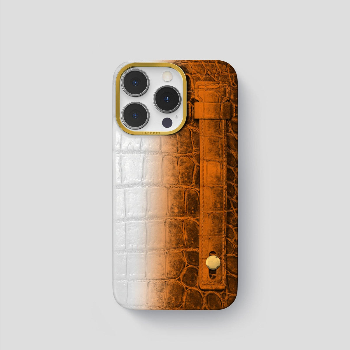 Orange iPhone 15 Pro Hand Strap Case Himalayan Crocodile with Gold Metal -1 | Orange-Gold