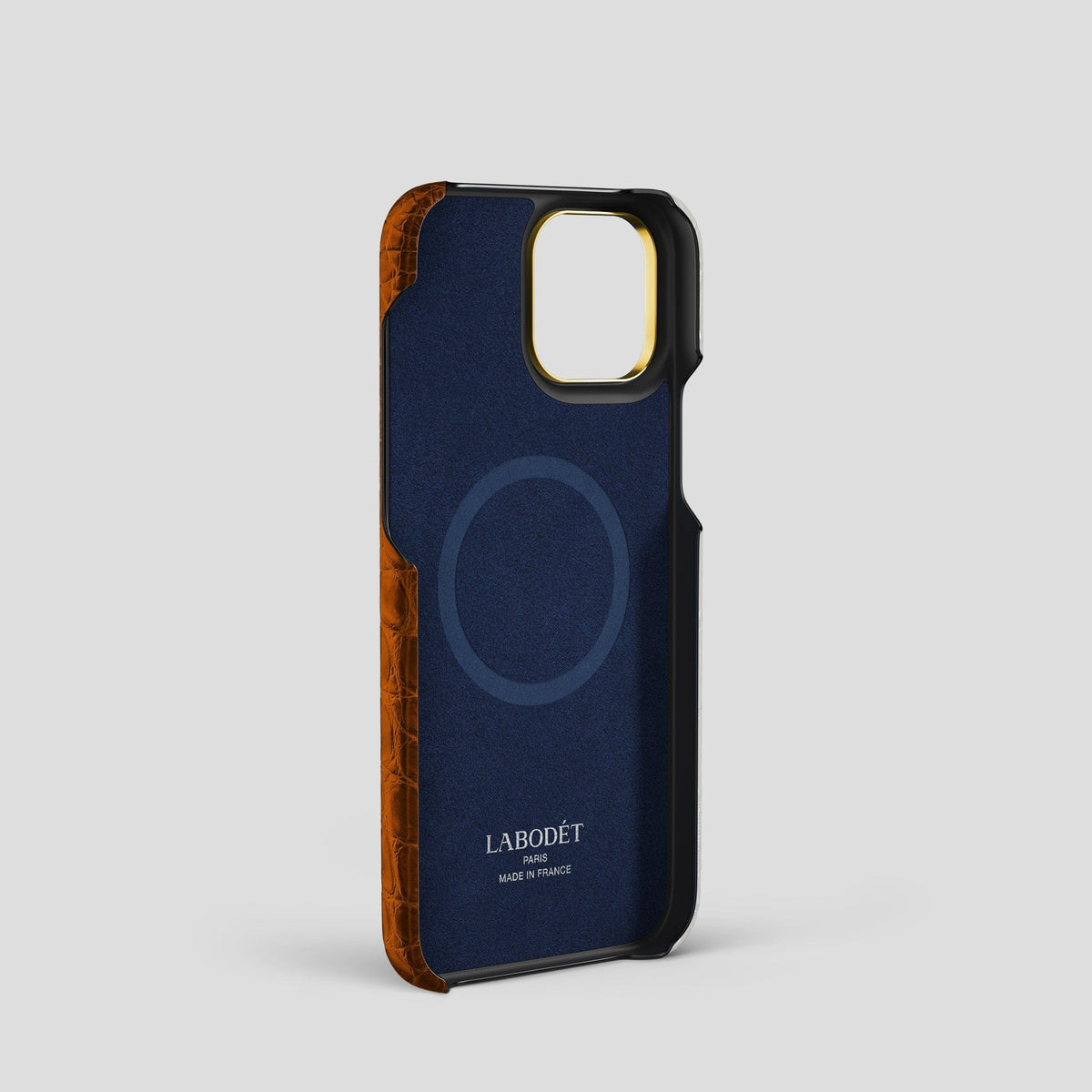 Orange iPhone 15 Pro Hand Strap Case Himalayan Crocodile with Gold Metal -3 | Orange-Gold