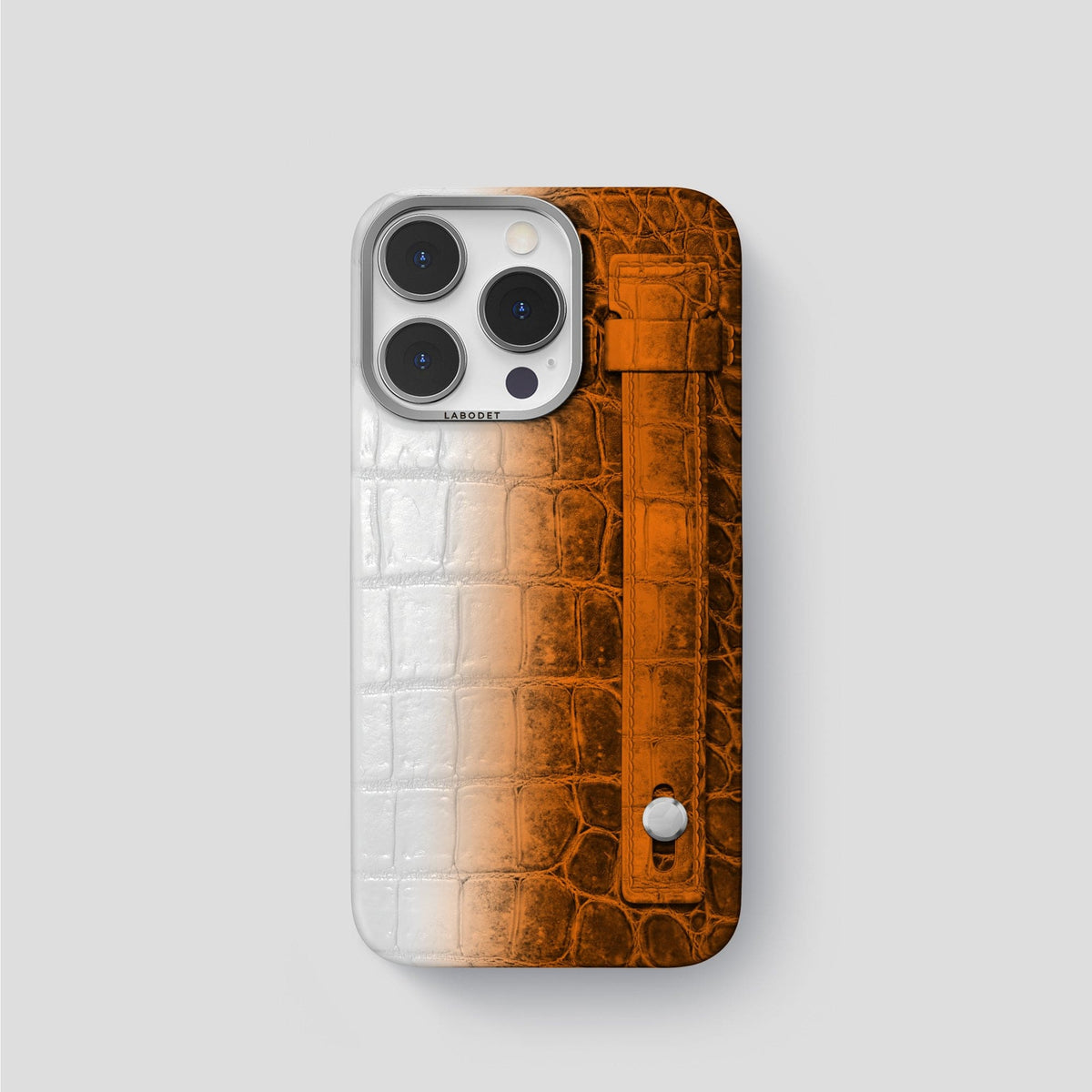 Orange iPhone 15 Pro Hand Strap Case Himalayan Crocodile with Steel Metal -1 | Orange-Steel