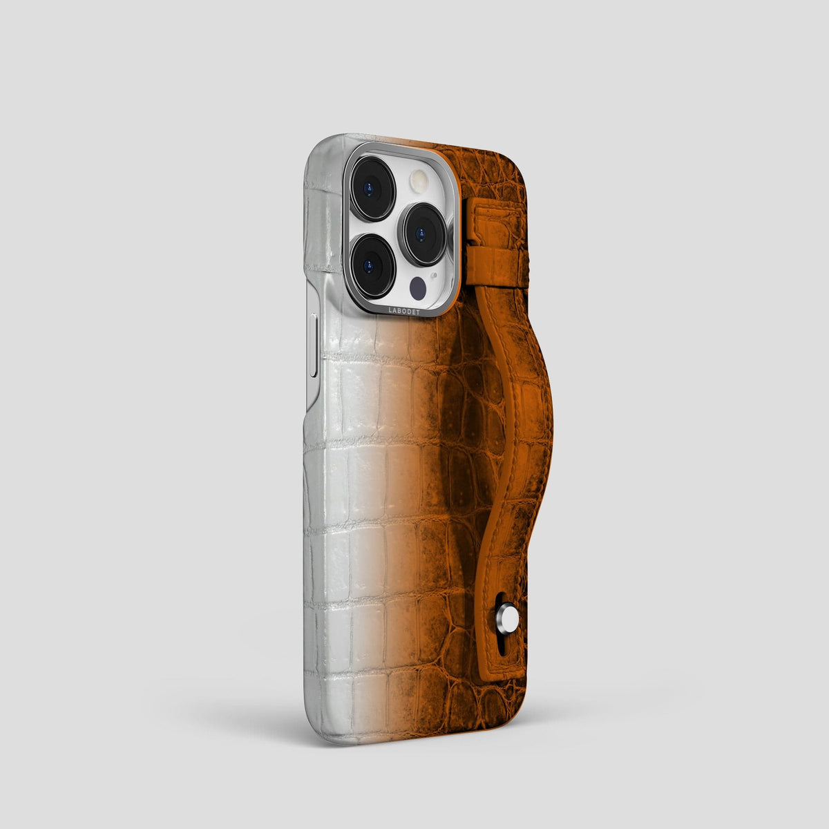 Orange iPhone 15 Pro Hand Strap Case Himalayan Crocodile with Steel Metal -2 | Orange-Steel