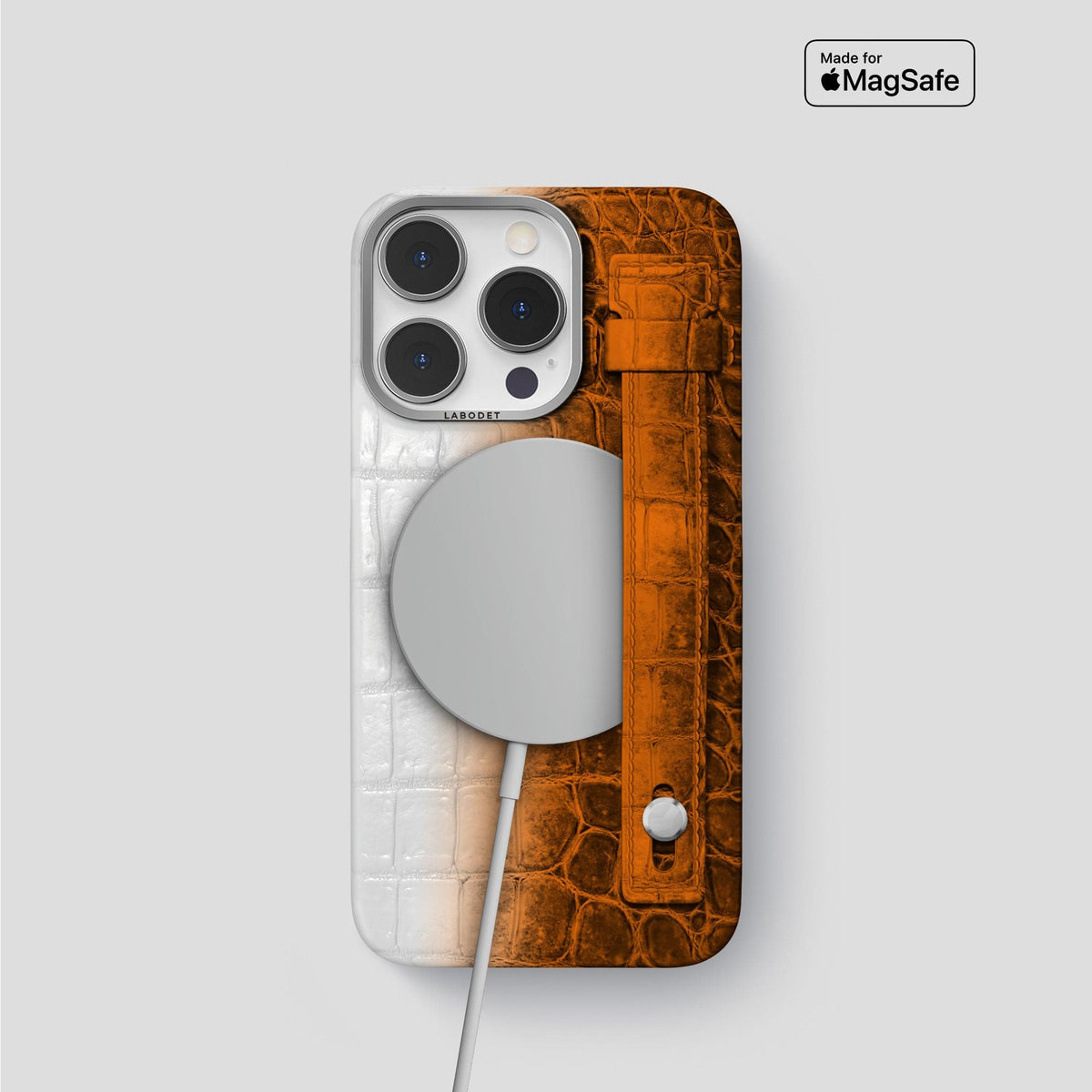 Orange iPhone 15 Pro Hand Strap Case Himalayan Crocodile with Steel Metal -4 | Orange-Steel