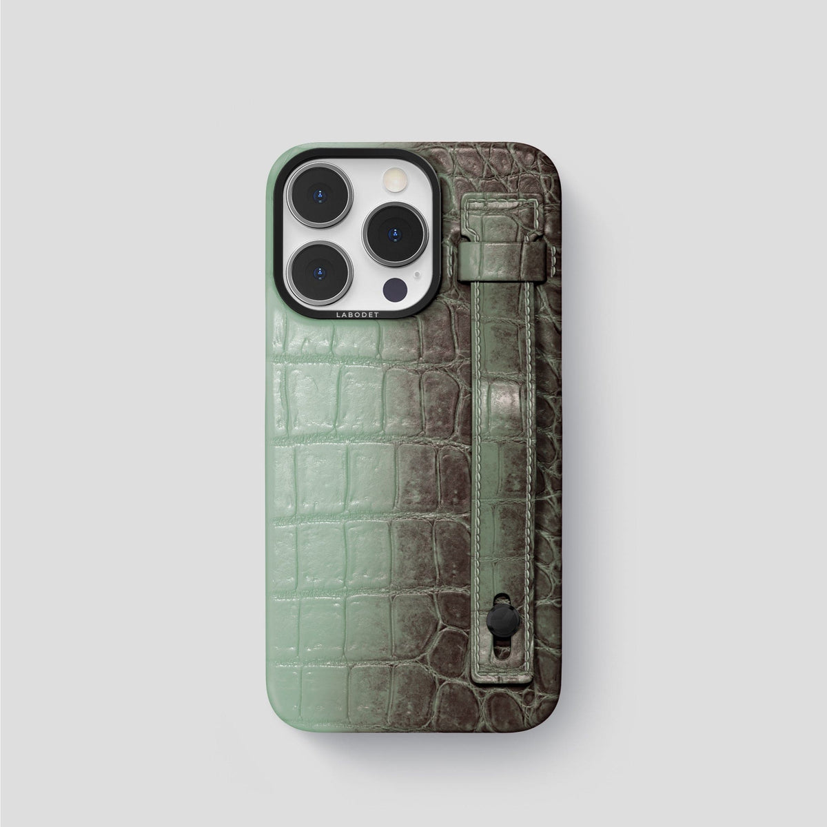 Pistachio iPhone 15 Pro Hand Strap Case Himalayan Crocodile with Black Metal -1 | Pistachio-Black