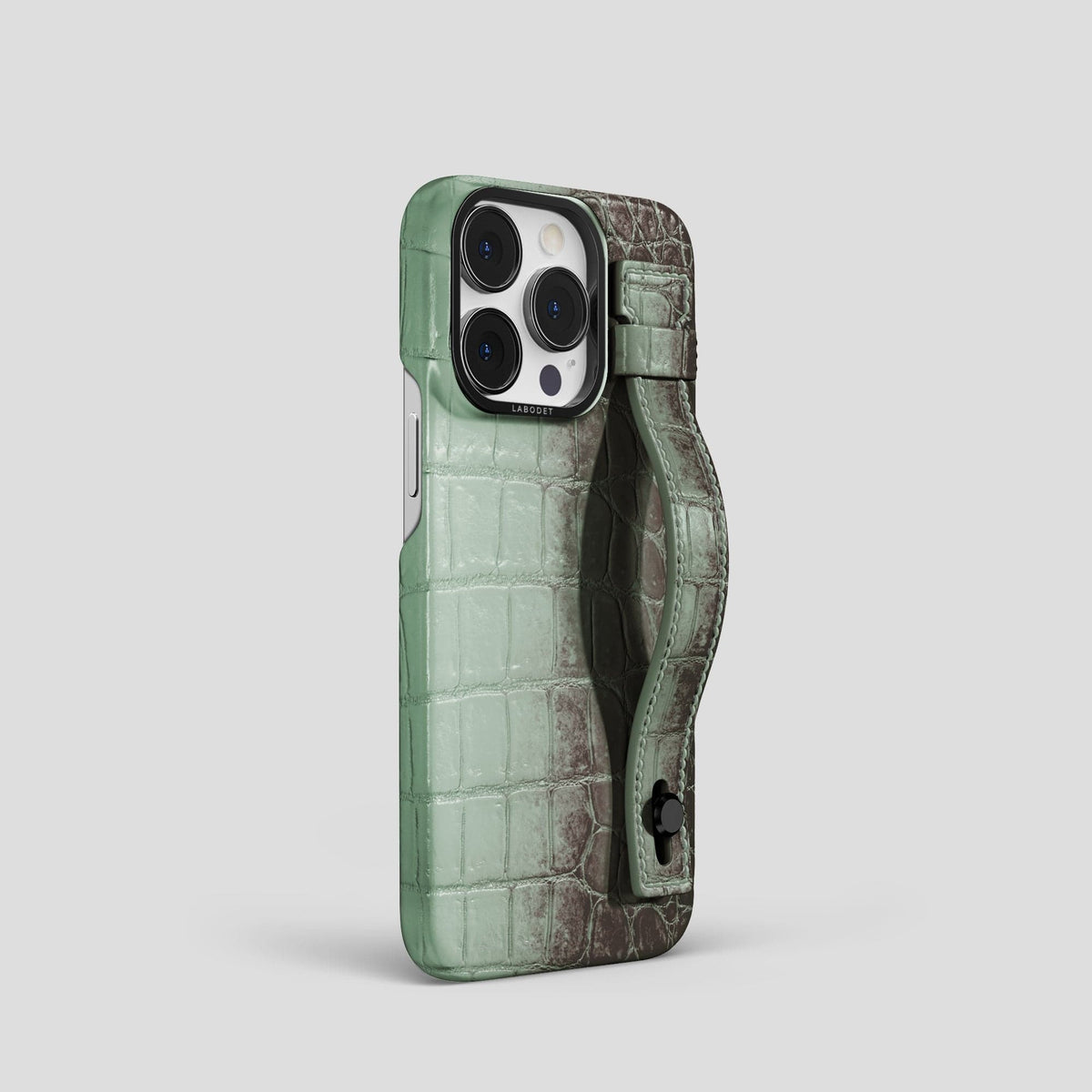 Pistachio iPhone 15 Pro Hand Strap Case Himalayan Crocodile with Black Metal -2 | Pistachio-Black
