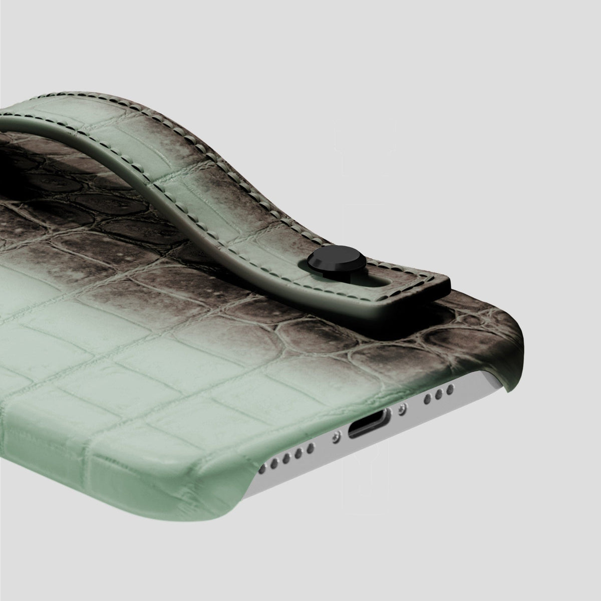 Pistachio iPhone 15 Pro Hand Strap Case Himalayan Crocodile with Black Metal -5 | Pistachio-Black