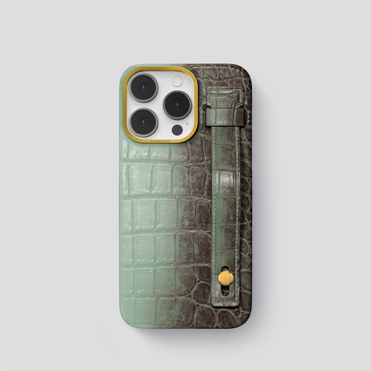 Pistachio iPhone 15 Pro Hand Strap Case Himalayan Crocodile with Gold Metal -1 | Pistachio-Gold