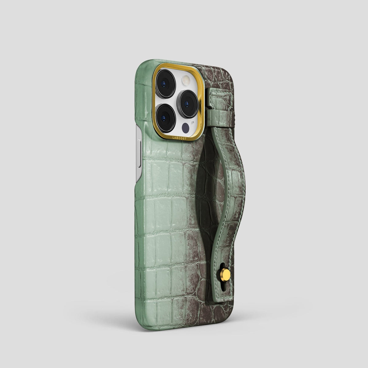 Pistachio iPhone 15 Pro Hand Strap Case Himalayan Crocodile with Gold Metal -2 | Pistachio-Gold