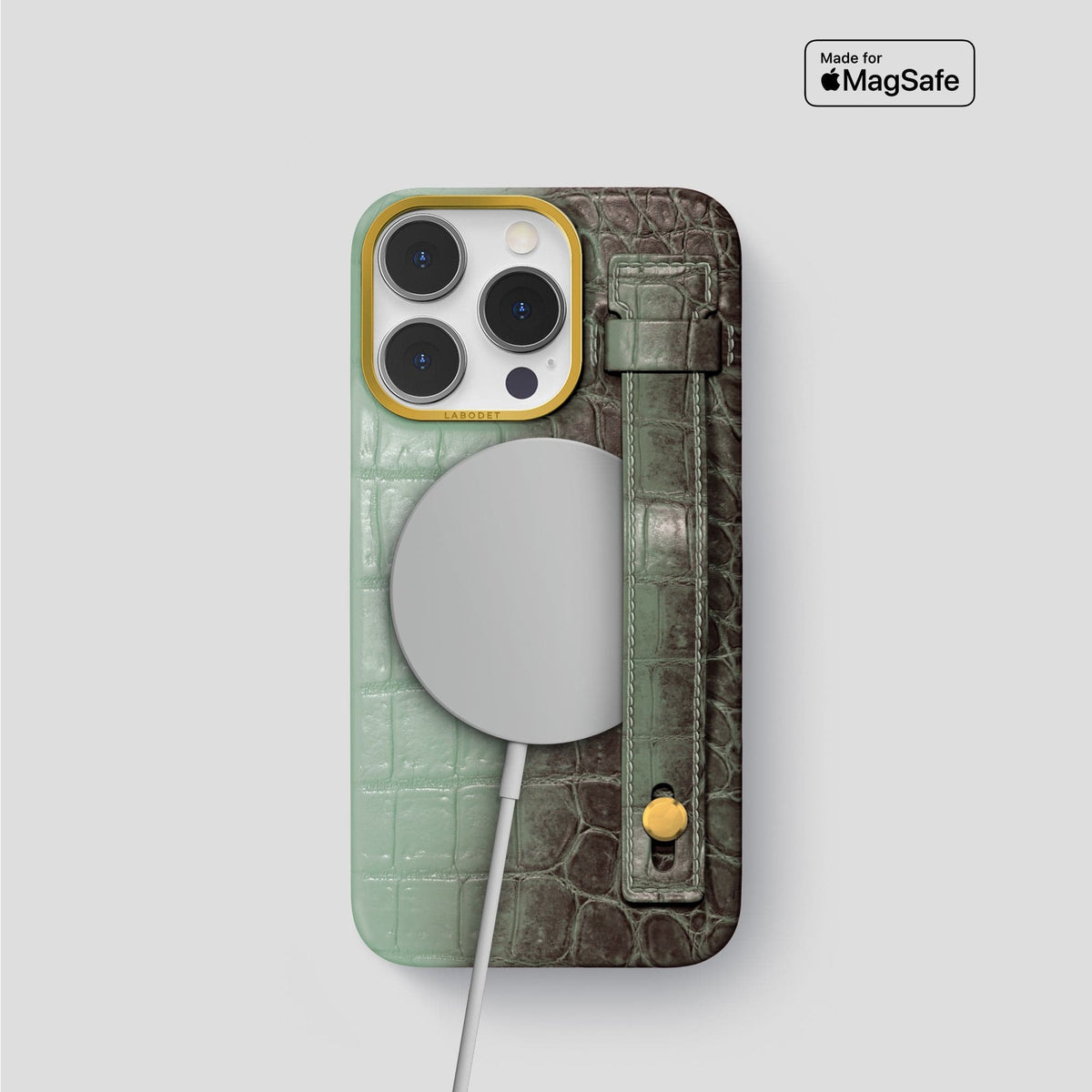 Pistachio iPhone 15 Pro Hand Strap Case Himalayan Crocodile with Gold Metal -4 | Pistachio-Gold