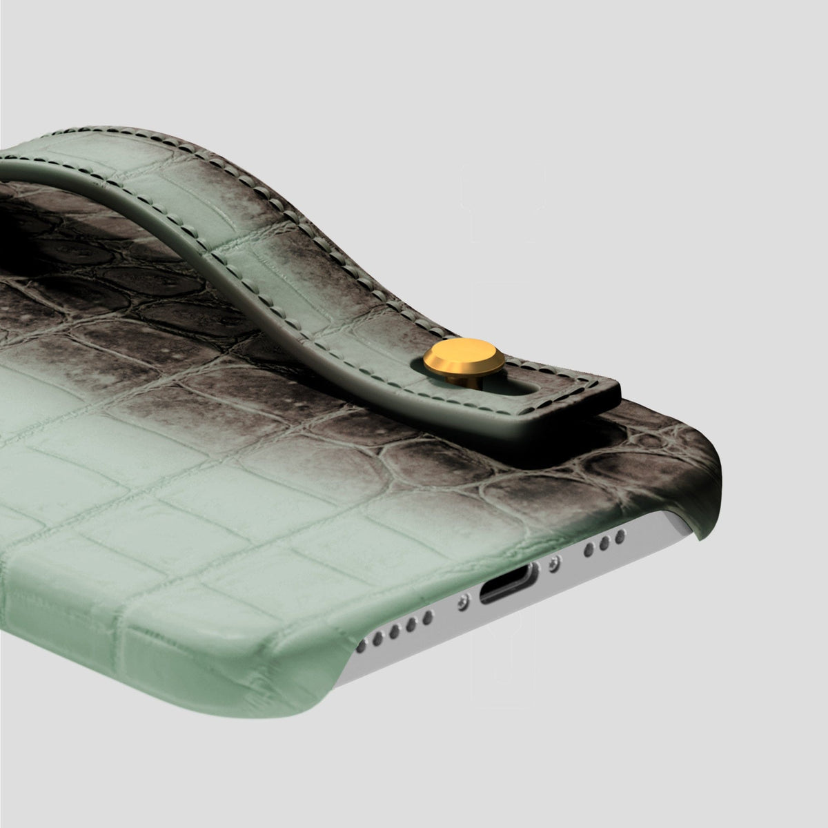 Pistachio iPhone 15 Pro Hand Strap Case Himalayan Crocodile with Gold Metal -5 | Pistachio-Gold