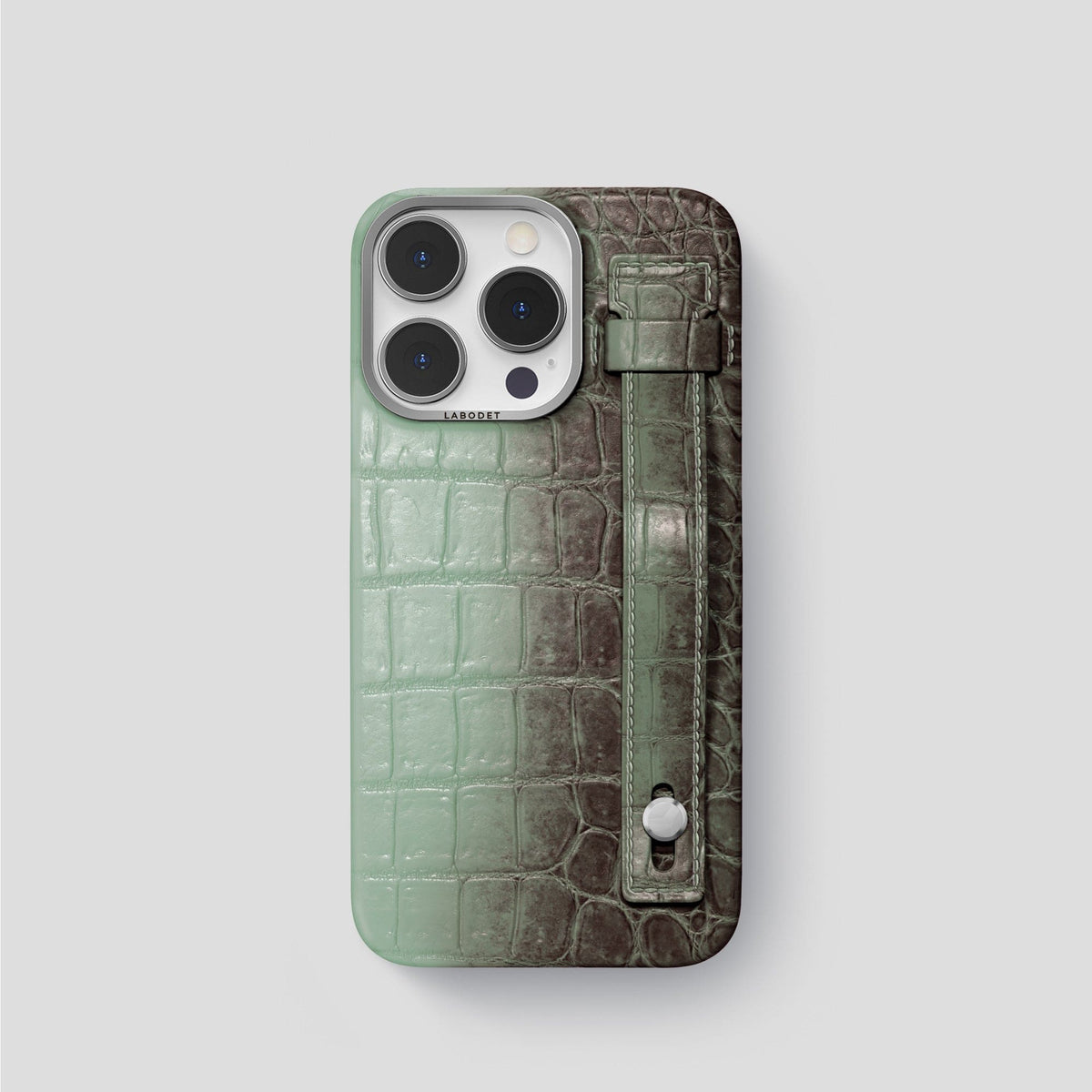 Pistachio iPhone 15 Pro Hand Strap Case Himalayan Crocodile with Steel Metal -1 | Pistachio-Steel