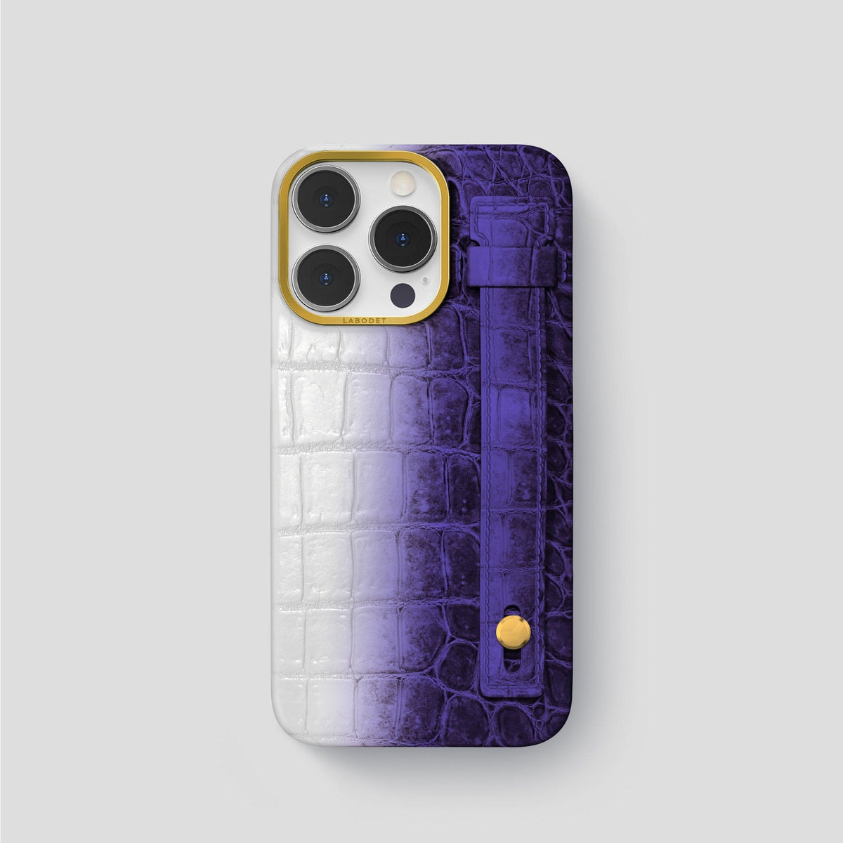 Purple iPhone 15 Pro Hand Strap Case Himalayan Crocodile with Gold Metal -1 | Purple-Gold