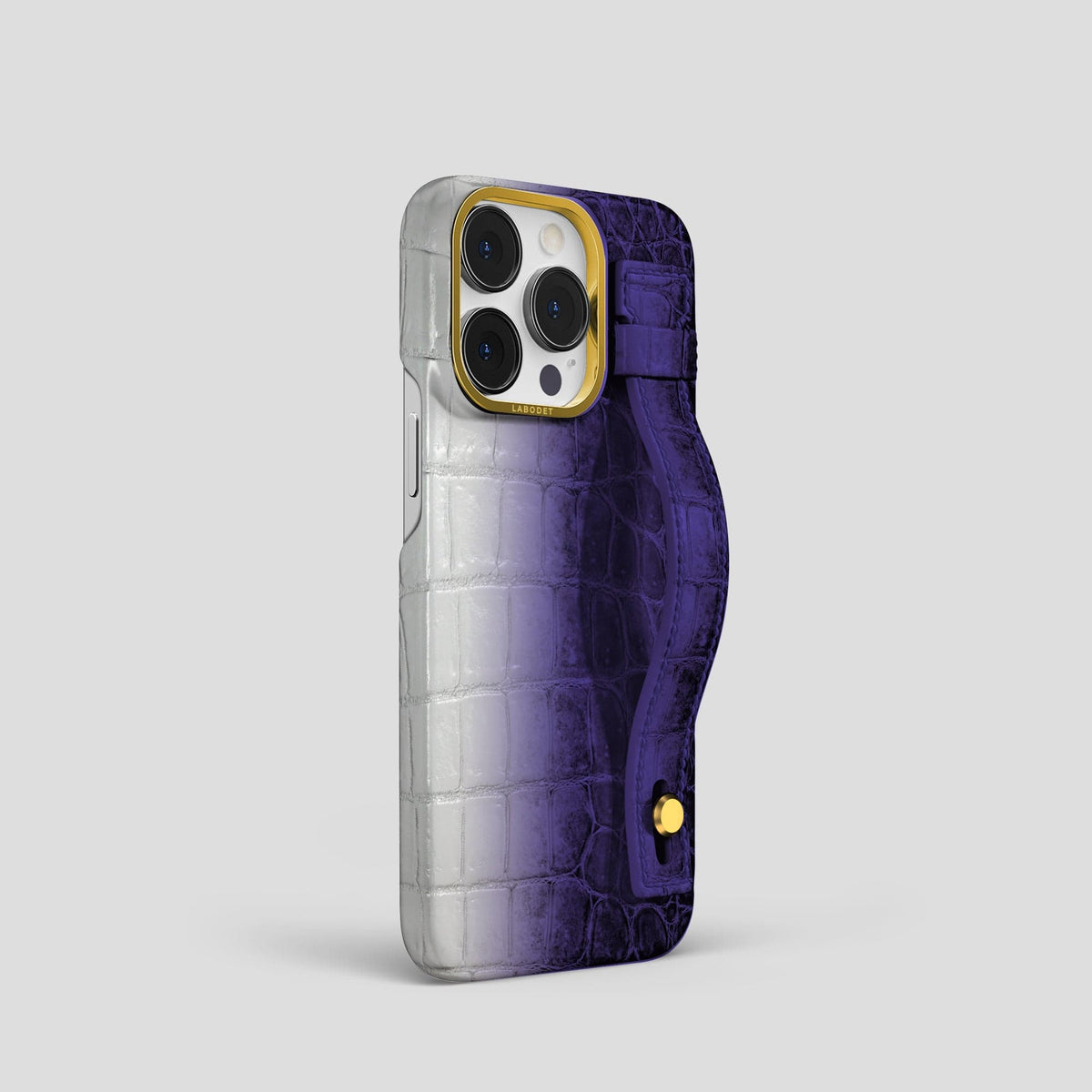 Purple iPhone 15 Pro Hand Strap Case Himalayan Crocodile with Gold Metal -2 | Purple-Gold