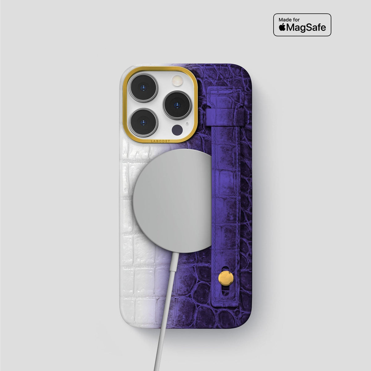 Purple iPhone 15 Pro Hand Strap Case Himalayan Crocodile with Gold Metal -4 | Purple-Gold