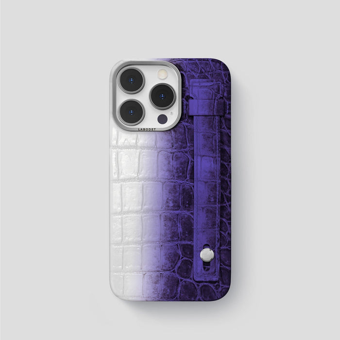Purple iPhone 15 Pro Hand Strap Case Himalayan Crocodile with Steel Metal -1 | Purple-Steel