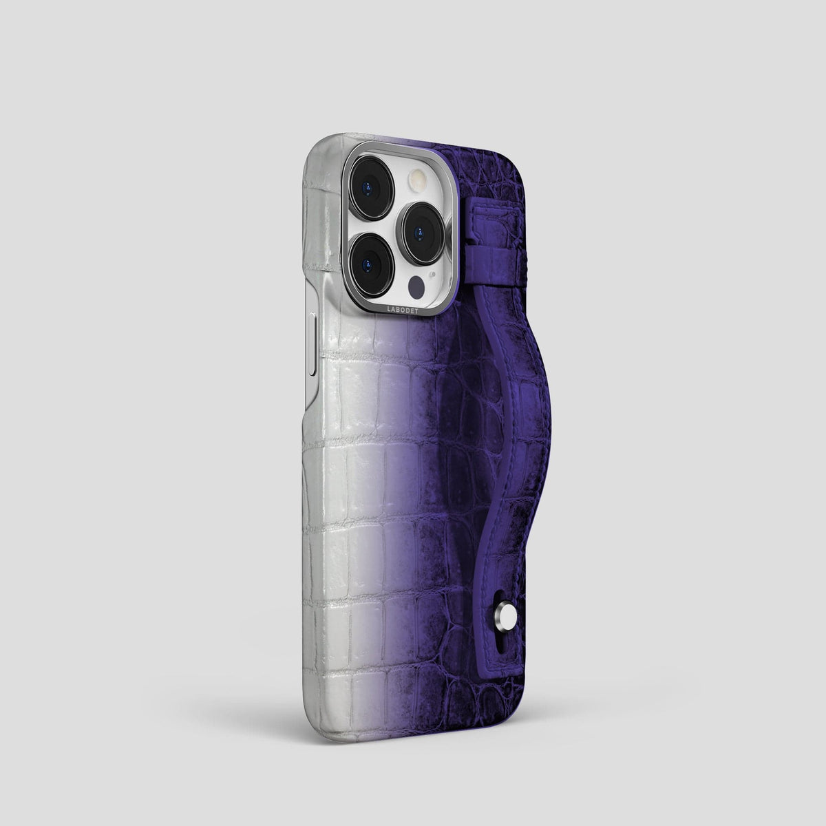 Purple iPhone 15 Pro Hand Strap Case Himalayan Crocodile with Steel Metal -2 | Purple-Steel