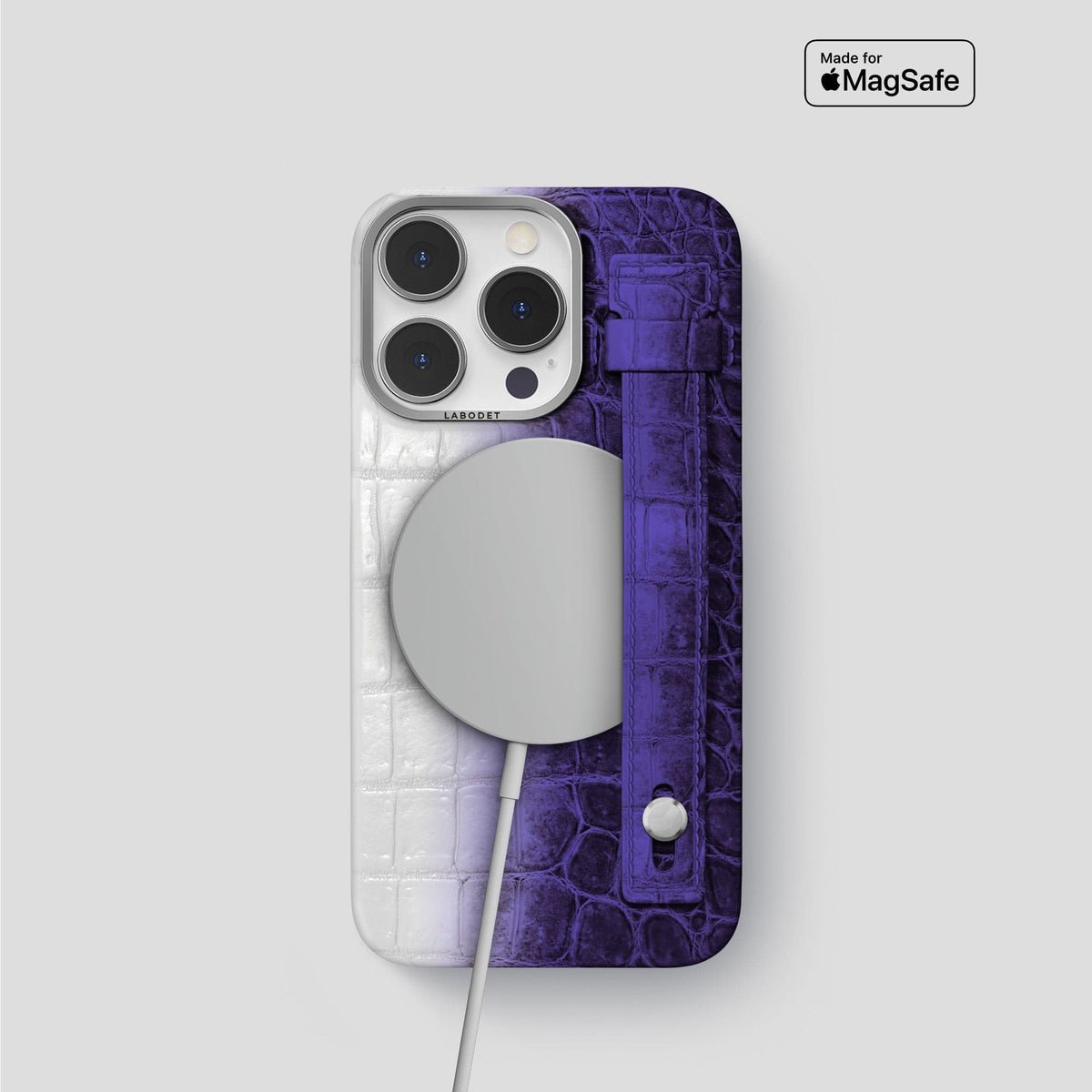 Purple iPhone 15 Pro Hand Strap Case Himalayan Crocodile with Steel Metal -4 | Purple-Steel
