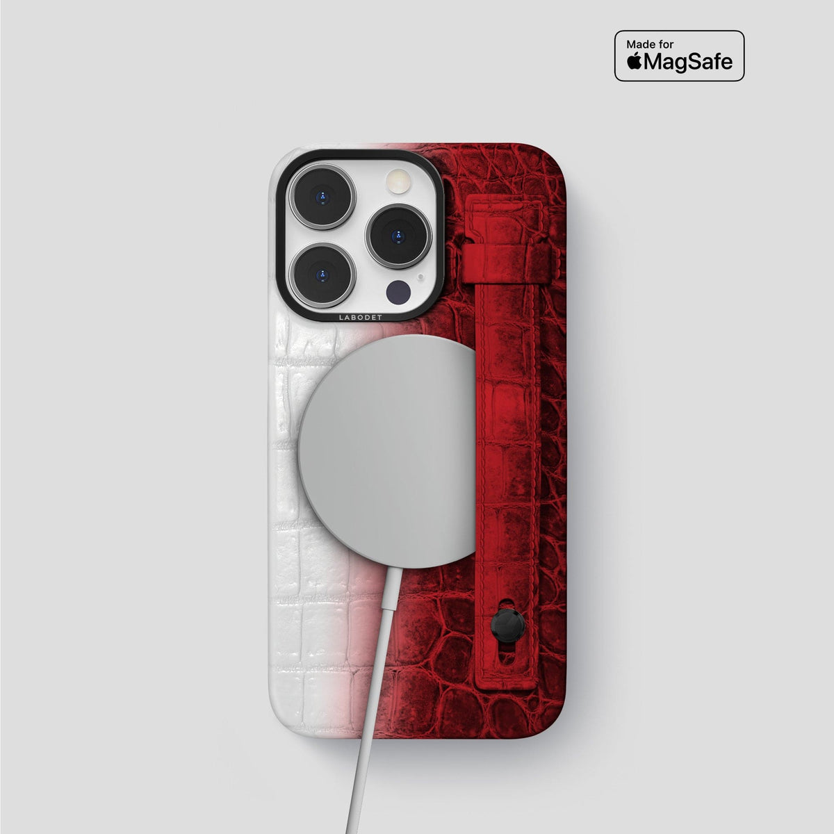 Red iPhone 15 Pro Hand Strap Case Himalayan Crocodile with Black Metal -4 | Red-Black