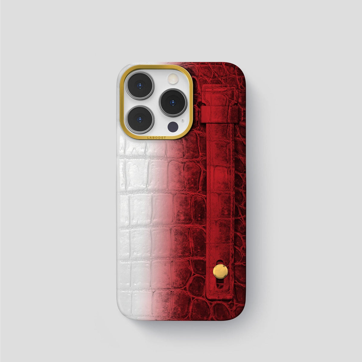 Red iPhone 15 Pro Hand Strap Case Himalayan Crocodile with Gold Metal -1 | Red-Gold