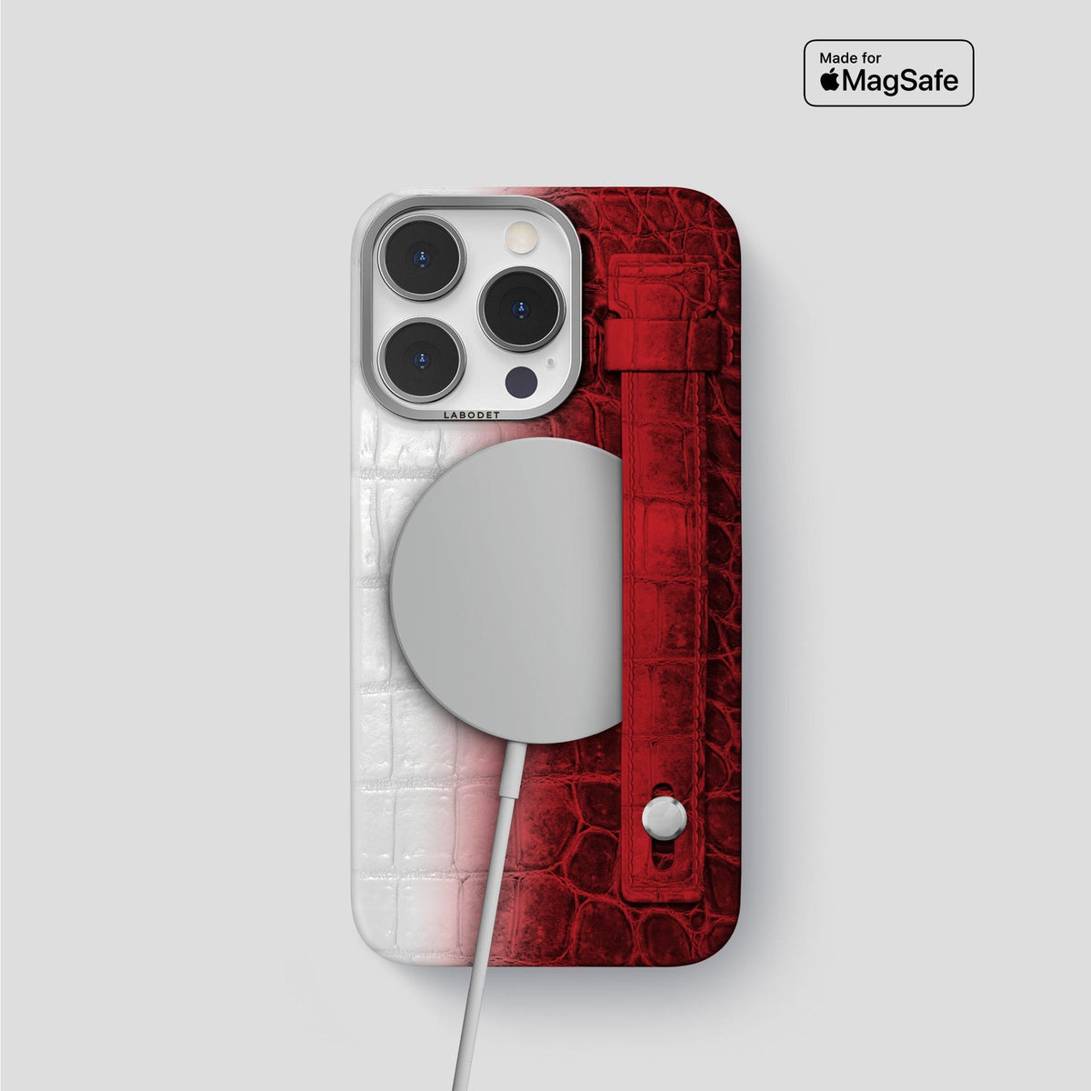 Red iPhone 15 Pro Hand Strap Case Himalayan Crocodile with Steel Metal -4 | Red-Steel