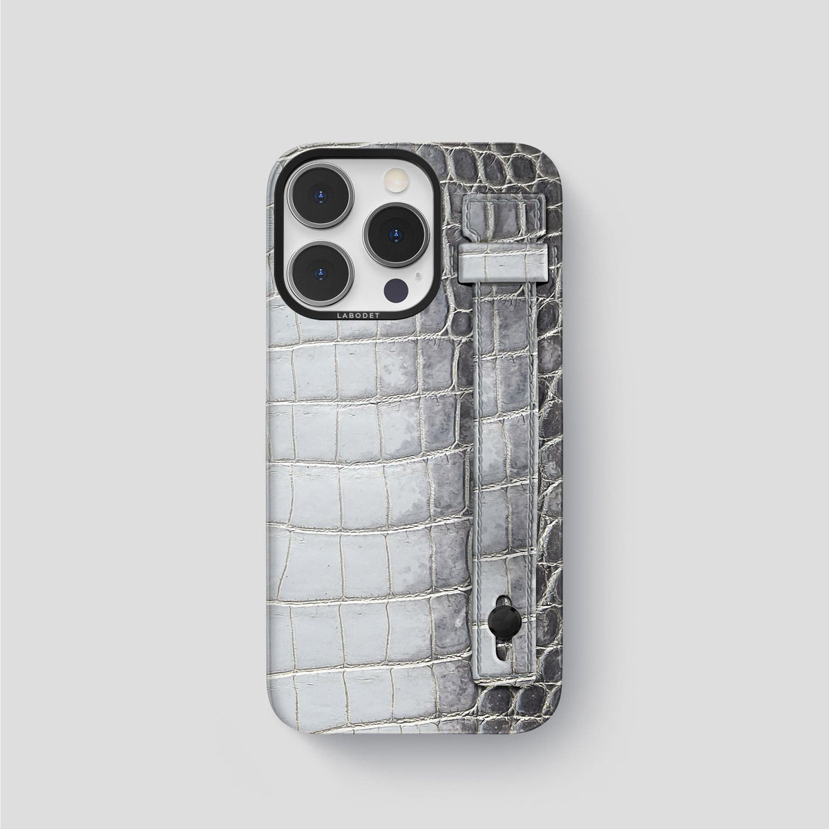 Silver iPhone 15 Pro Hand Strap Case Himalayan Crocodile with Black Metal -1 | Silver-Black