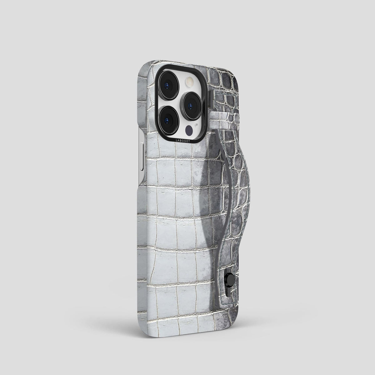 Silver iPhone 15 Pro Hand Strap Case Himalayan Crocodile with Black Metal -2 | Silver-Black