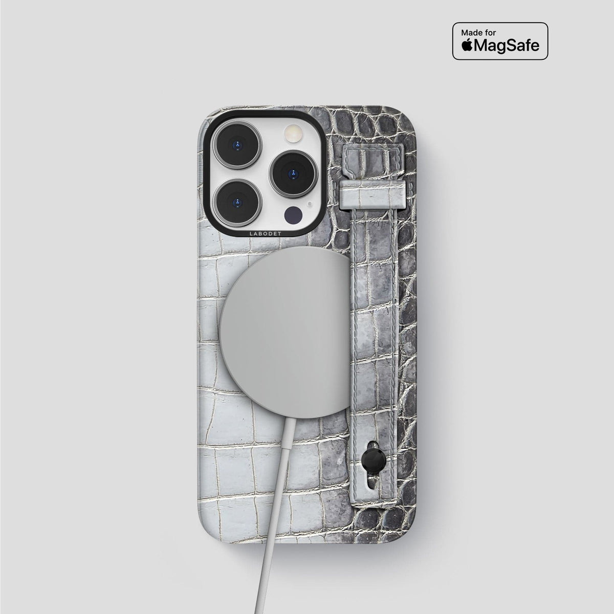 Silver iPhone 15 Pro Hand Strap Case Himalayan Crocodile with Black Metal -4 | Silver-Black