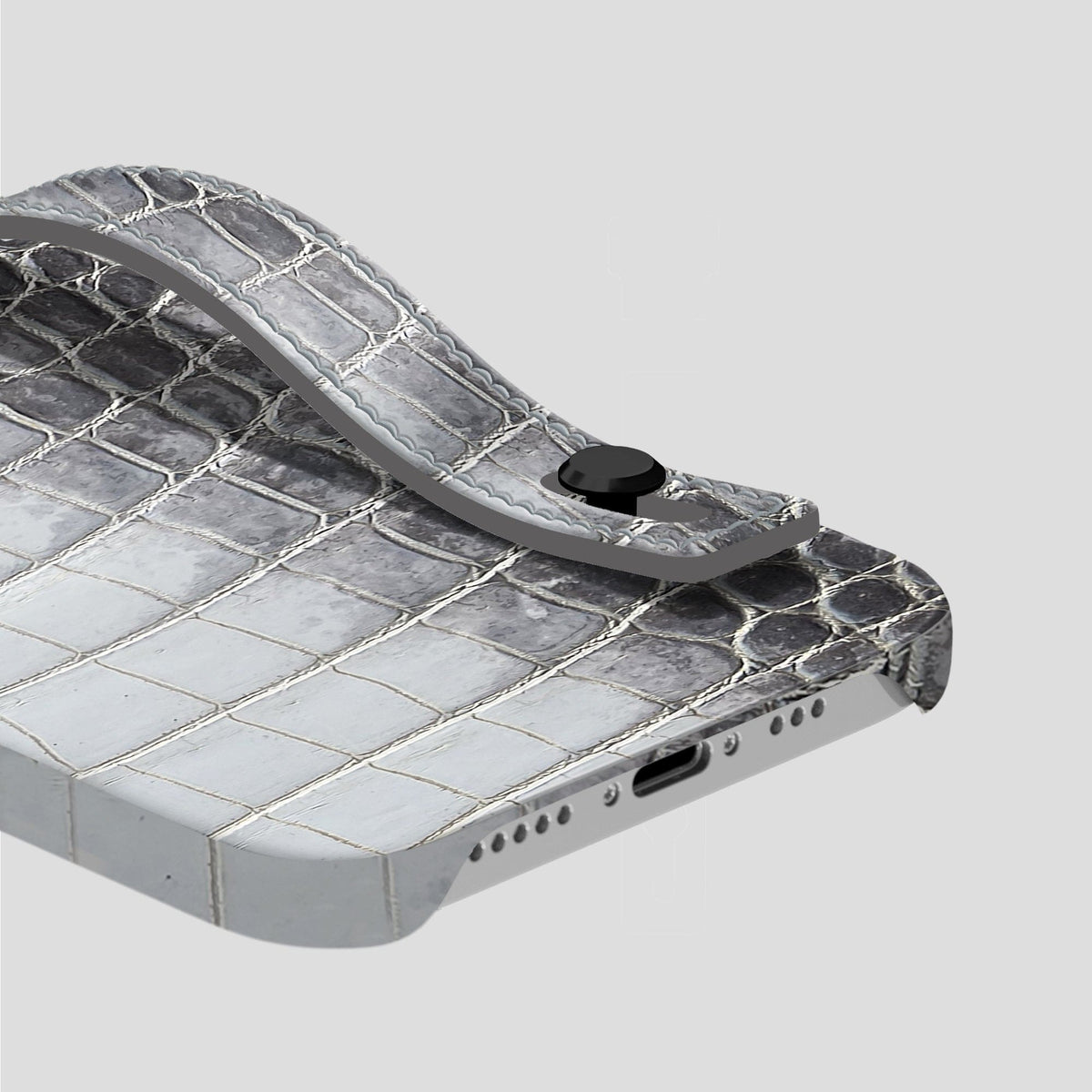 Silver iPhone 15 Pro Hand Strap Case Himalayan Crocodile with Black Metal -5 | Silver-Black