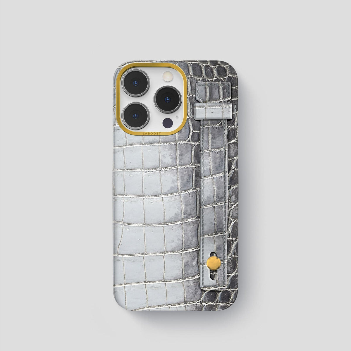 Silver iPhone 15 Pro Hand Strap Case Himalayan Crocodile with Gold Metal -1 | Silver-Gold