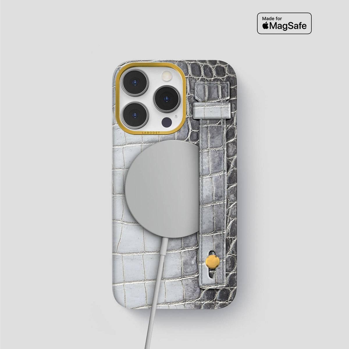 Silver iPhone 15 Pro Hand Strap Case Himalayan Crocodile with Gold Metal -4 | Silver-Gold