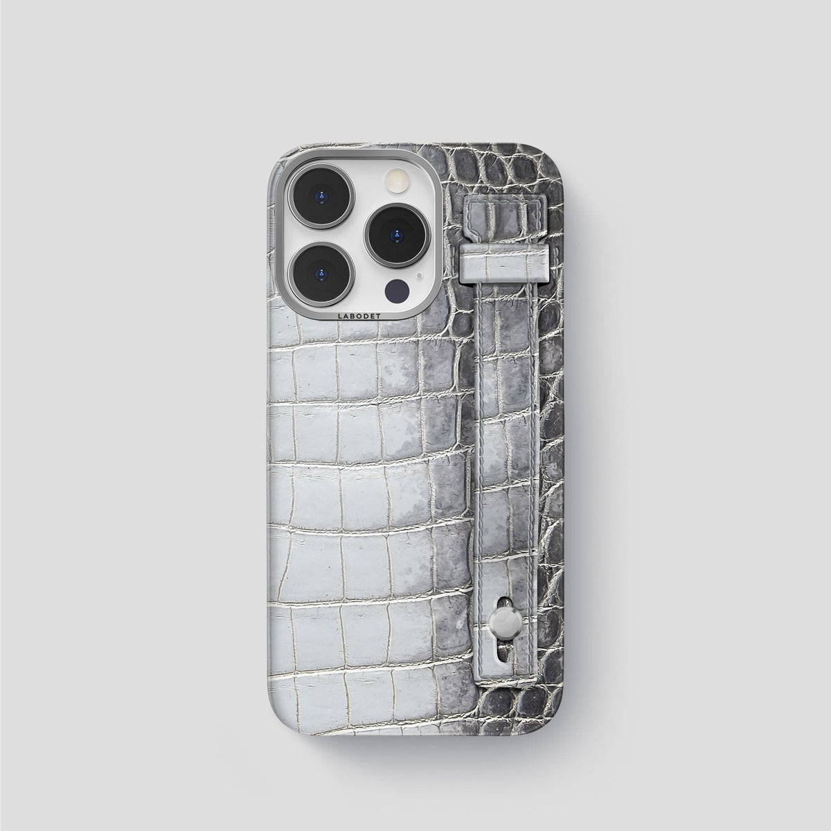 Silver iPhone 15 Pro Hand Strap Case Himalayan Crocodile with Steel Metal -1 | Silver-Steel