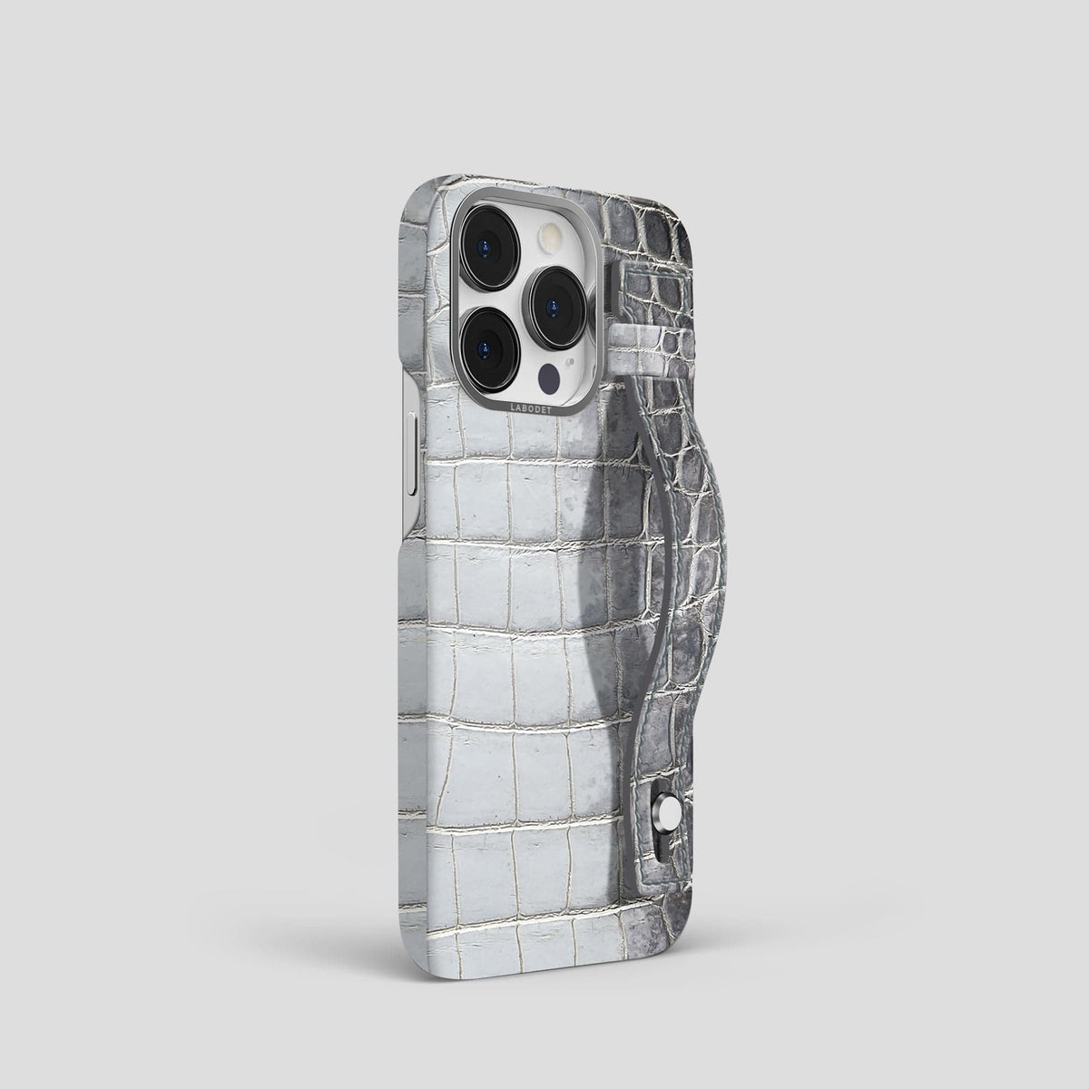 Silver iPhone 15 Pro Hand Strap Case Himalayan Crocodile with Steel Metal -2 | Silver-Steel