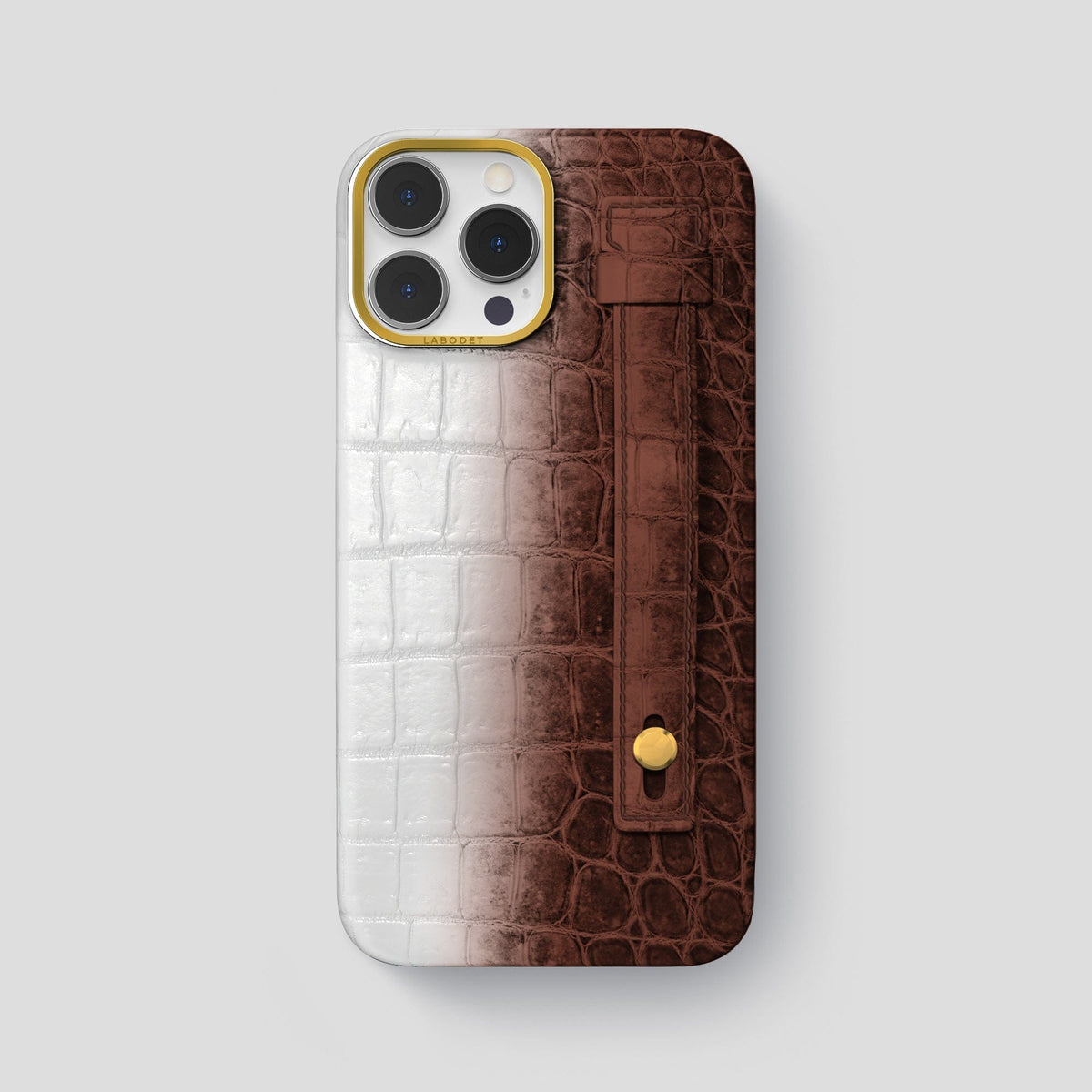 Dark Brown iPhone 15 Pro Max Hand Strap Case Himalayan Crocodile with Gold Metal -1 | Dark-Brown-Gold