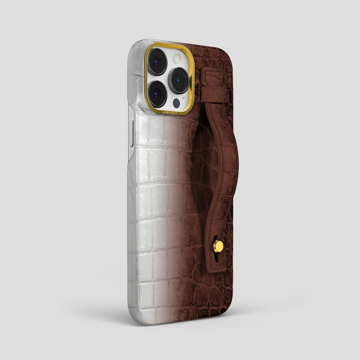 Dark Brown iPhone 15 Pro Max Hand Strap Case Himalayan Crocodile with Gold Metal -2 | Dark-Brown-Gold
